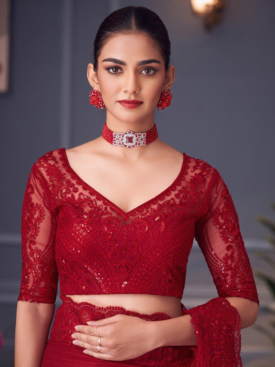 Crimson Red Fancy Georgetee Emblished Saree - Ressa