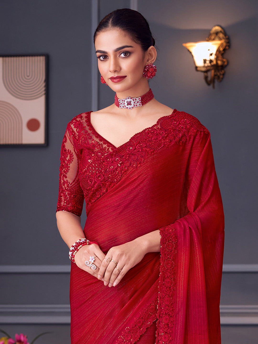 Crimson Red Fancy Georgetee Emblished Saree - Ressa