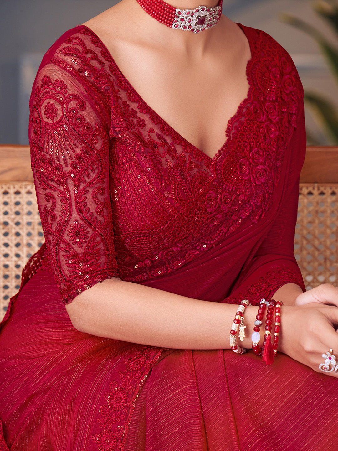 Crimson Red Fancy Georgetee Emblished Saree - Ressa