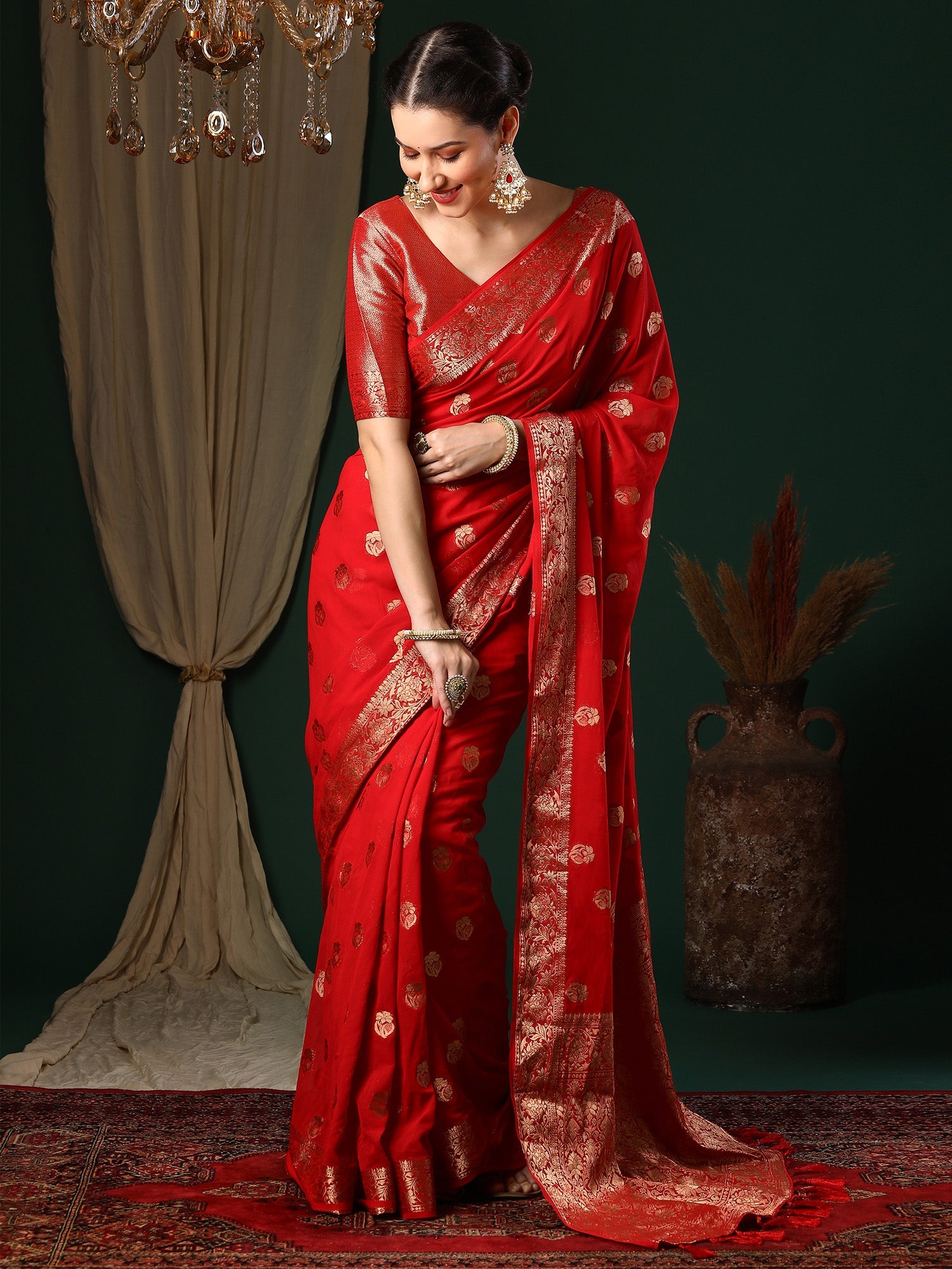 Crimson Red Floral Georgette Saree with Jari Border - Ressa