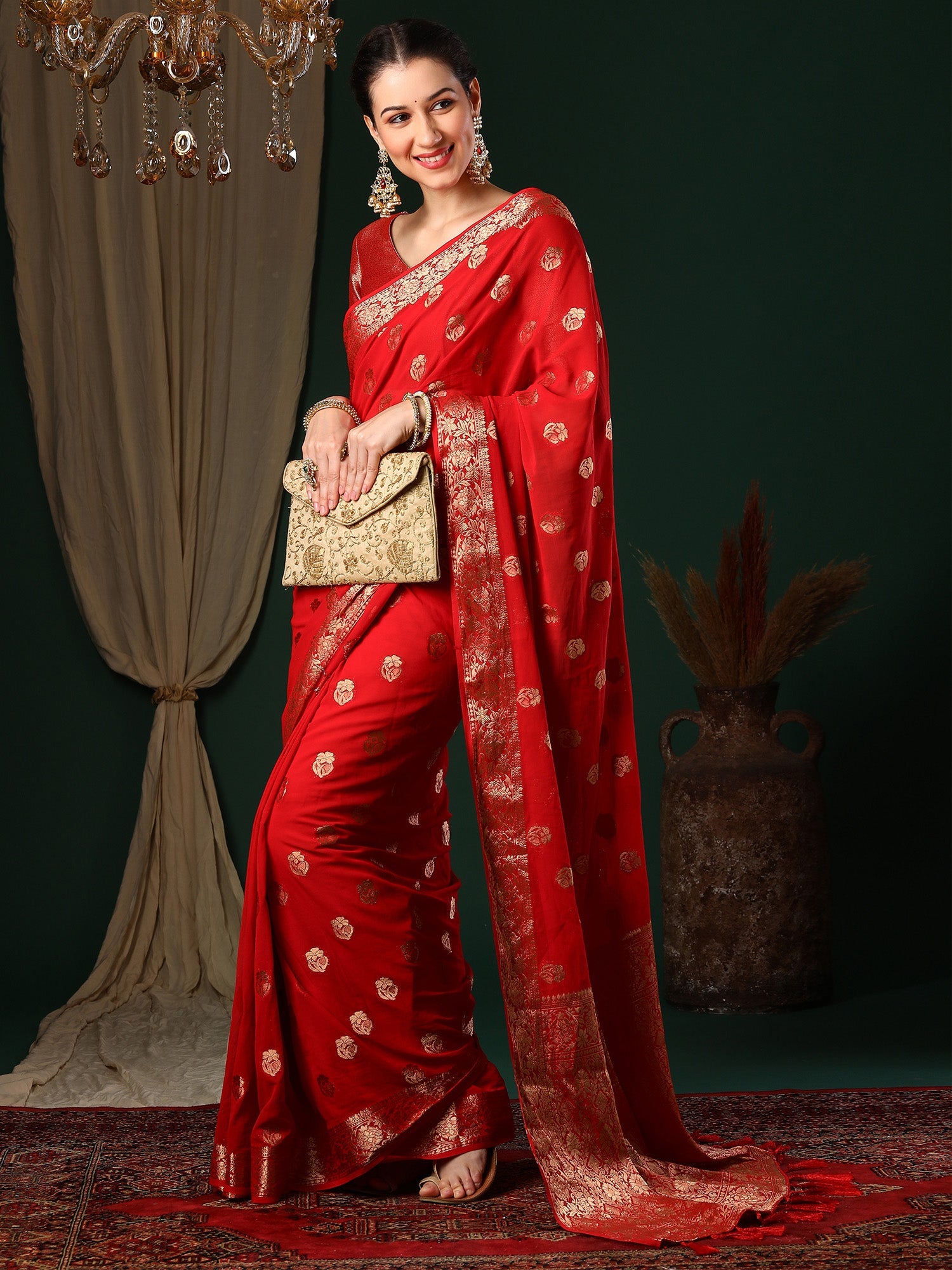 Crimson Red Floral Georgette Saree with Jari Border - Ressa
