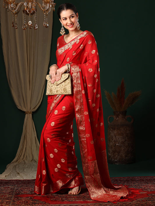 Crimson Red Floral Georgette Saree with Jari Border - Ressa