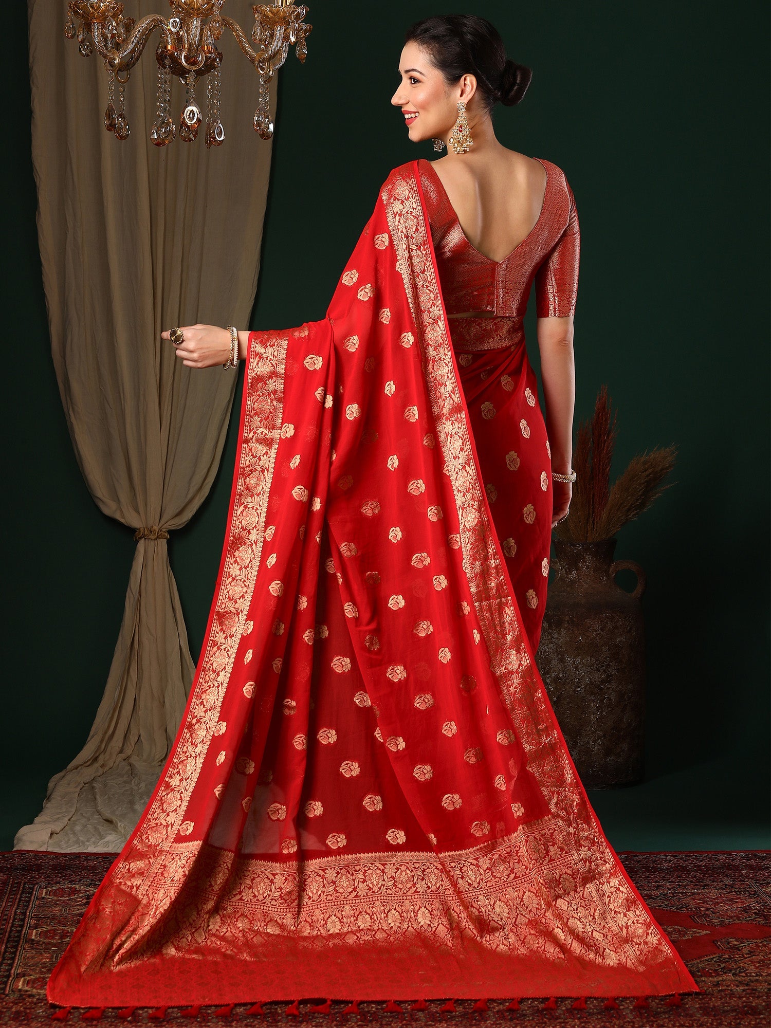 Crimson Red Floral Georgette Saree with Jari Border - Ressa