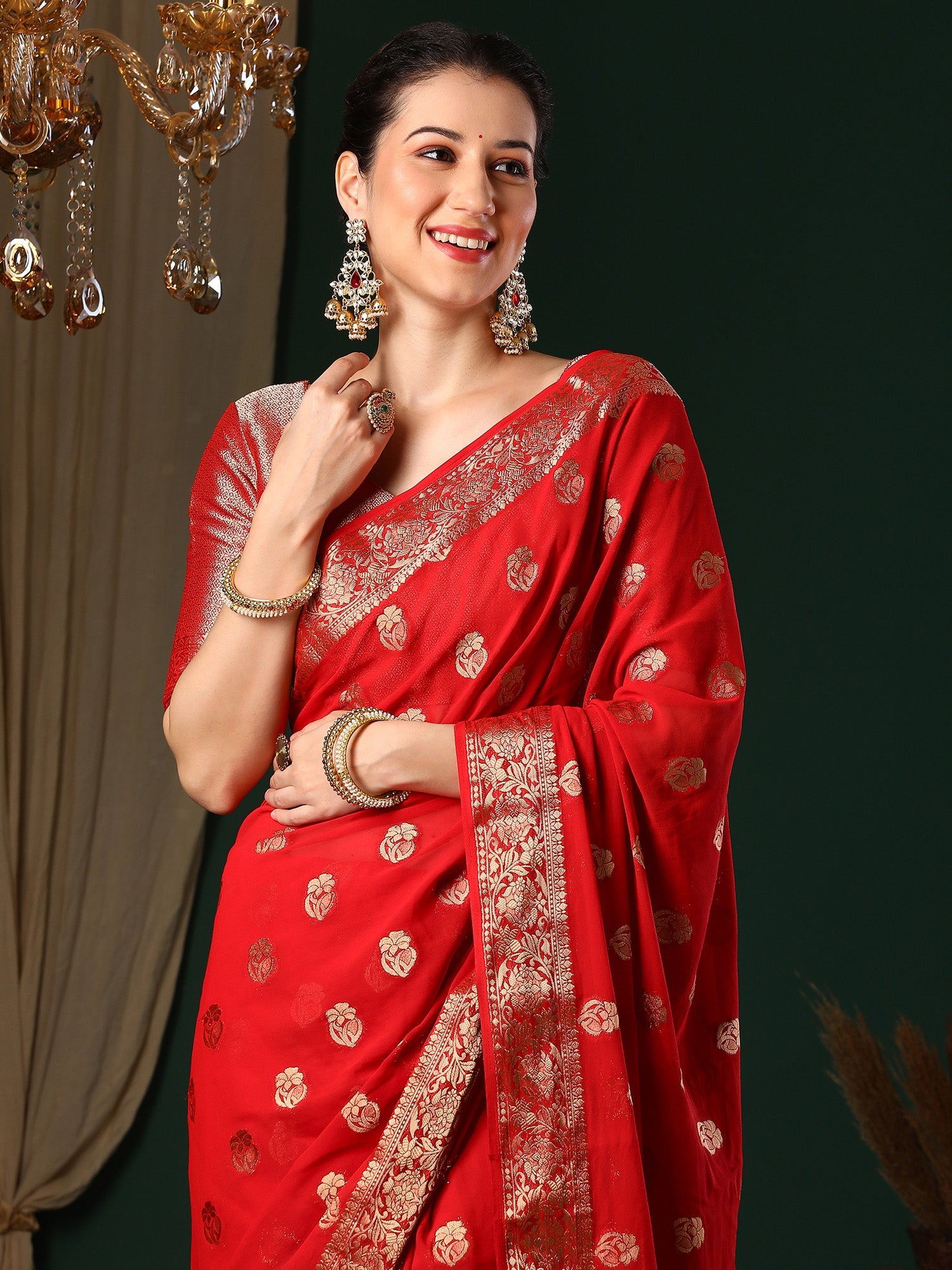 Crimson Red Floral Georgette Saree with Jari Border - Ressa
