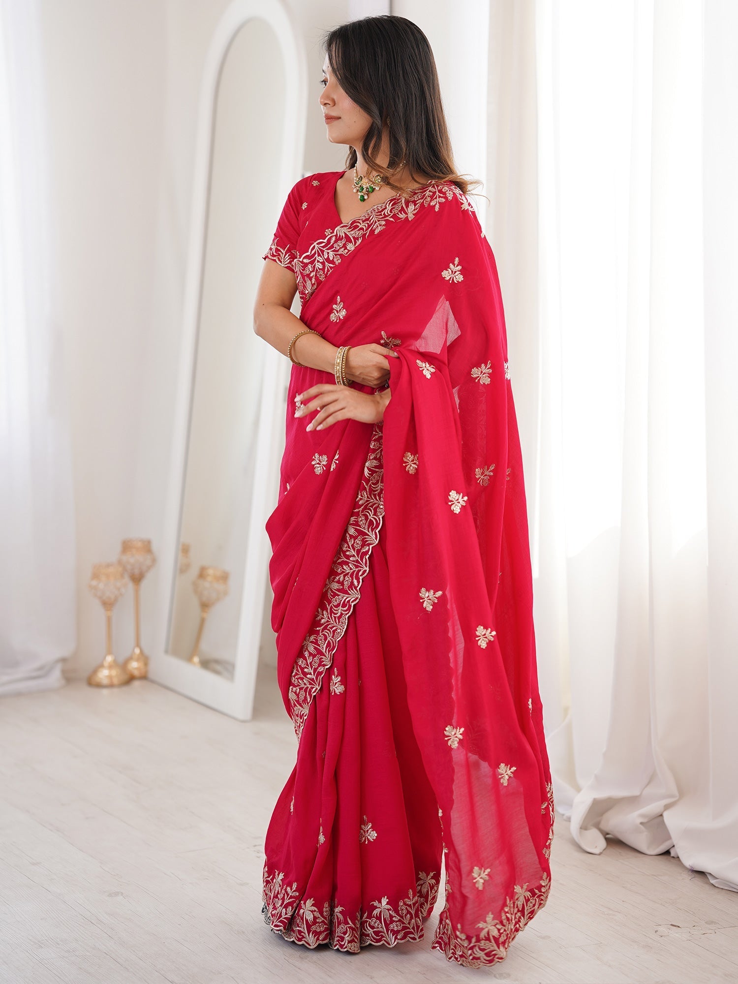 Crimson Red Georgette Embroidered Saree - Ressa