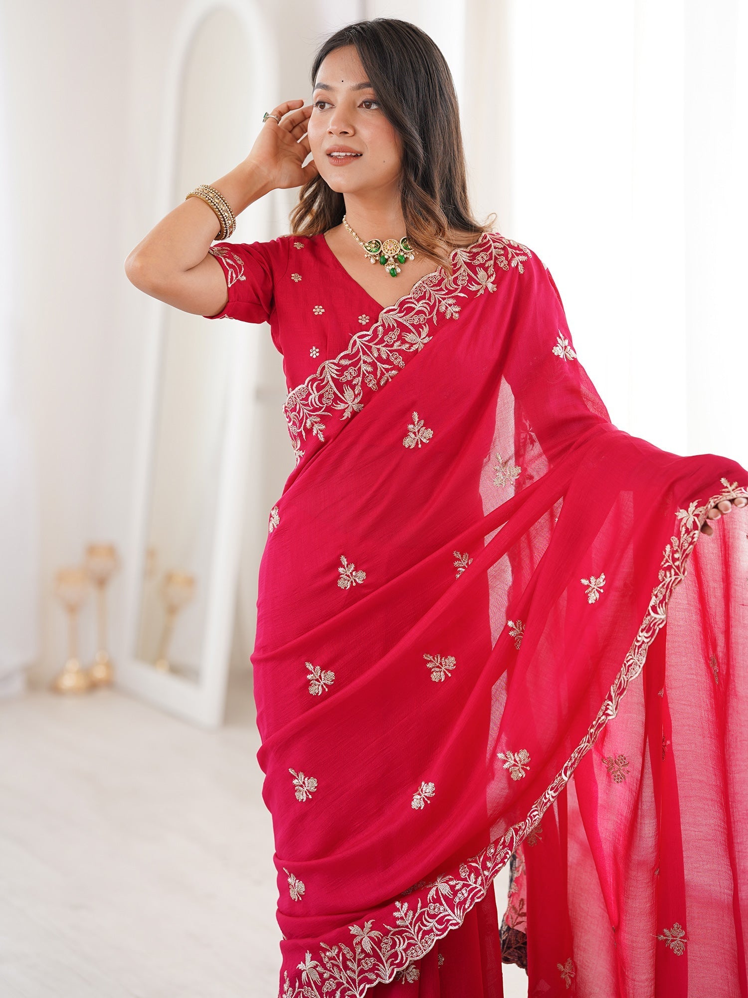 Crimson Red Georgette Embroidered Saree - Ressa