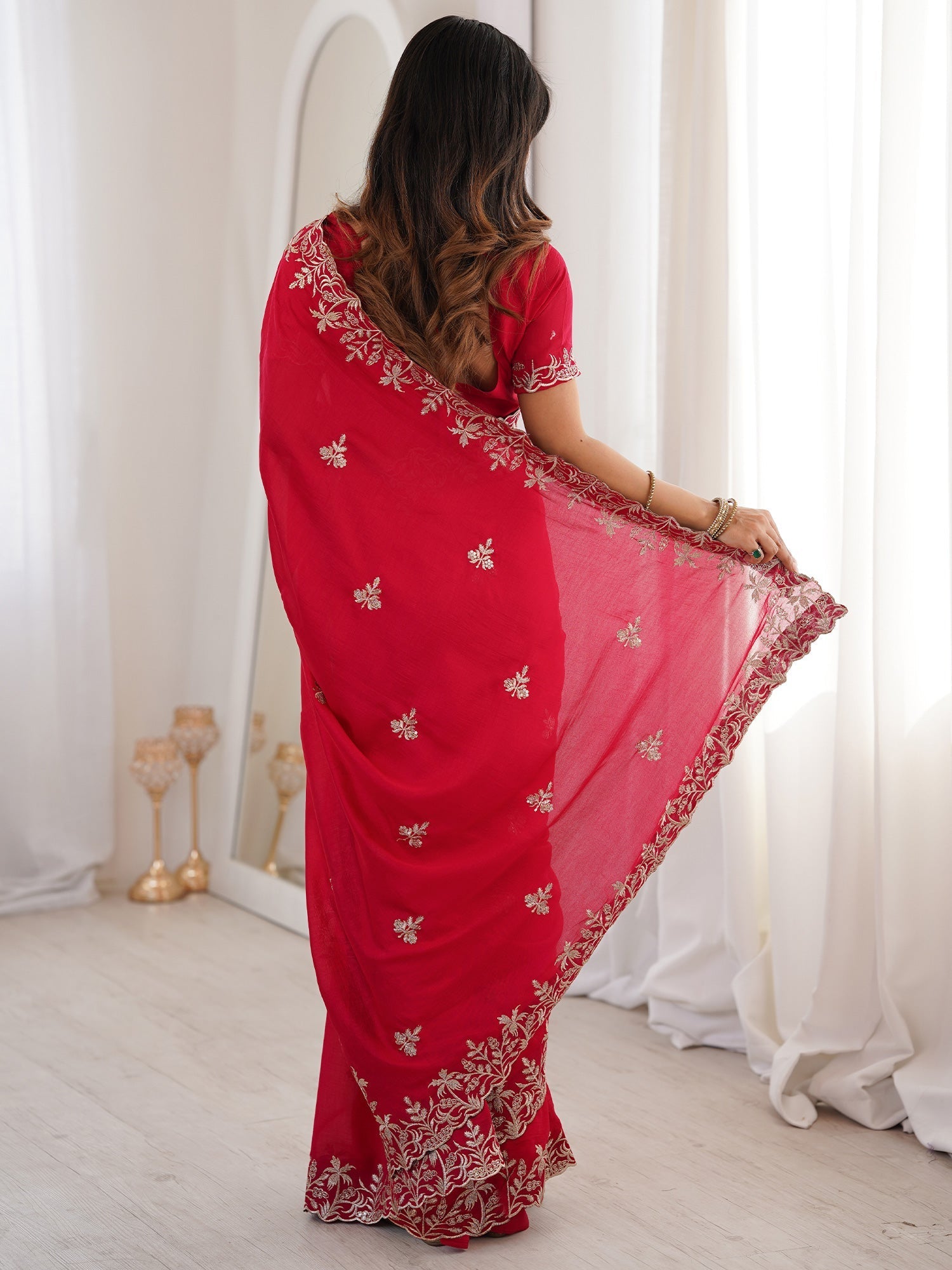 Crimson Red Georgette Embroidered Saree - Ressa