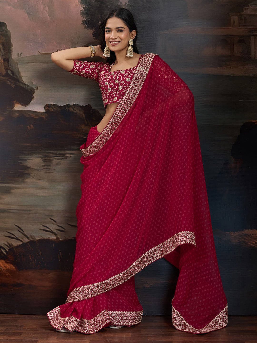 Crimson Red Georgette Saree - Ressa