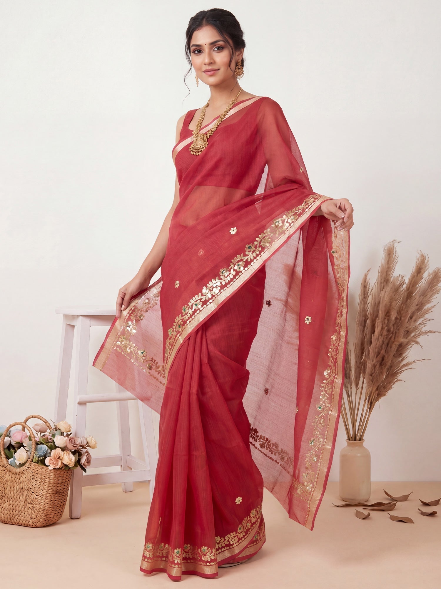Crimson Red Kota Doria Cotton Saree with Gota Patti Border - Ressa
