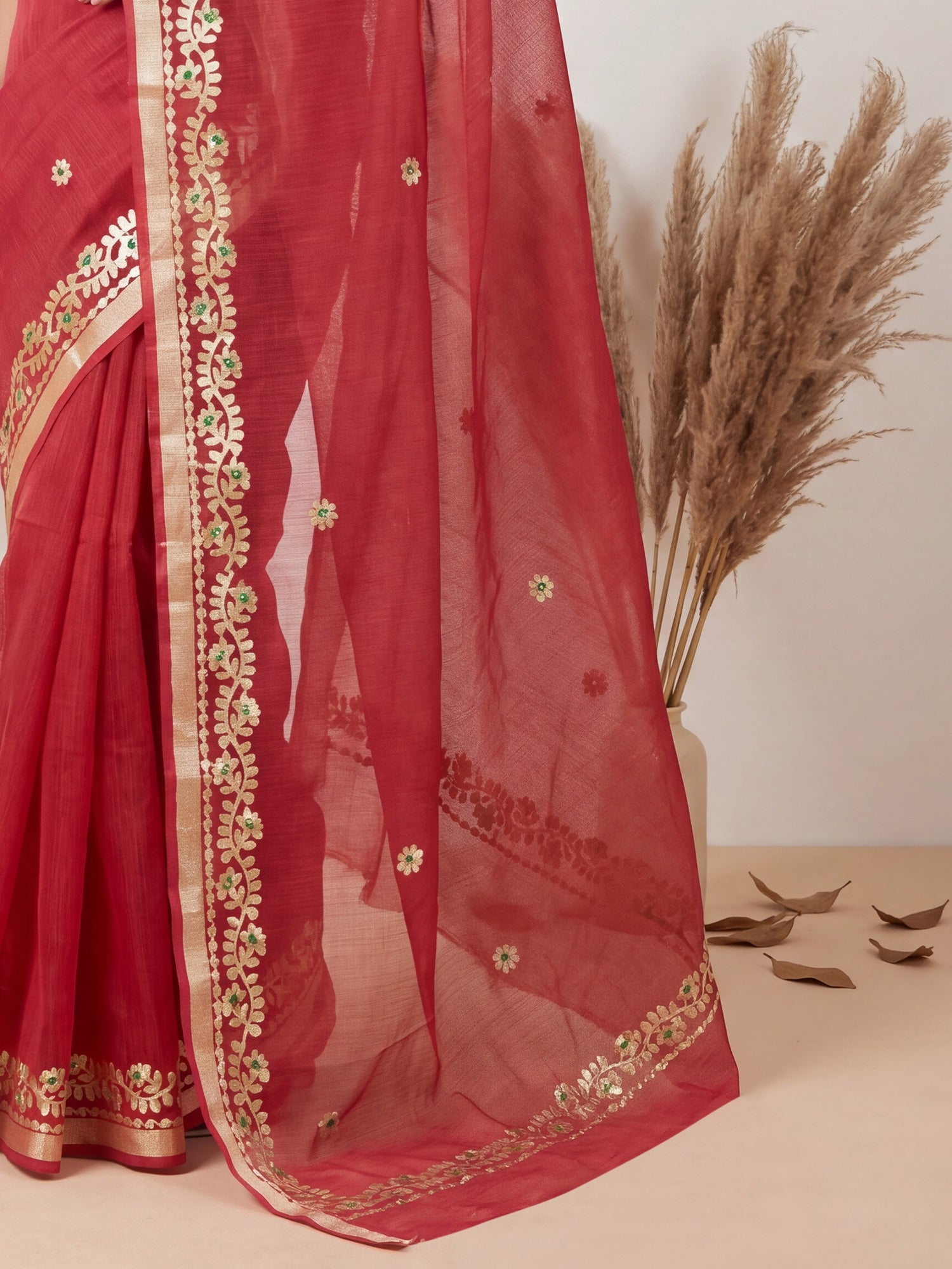 Crimson Red Kota Doria Cotton Saree with Gota Patti Border - Ressa