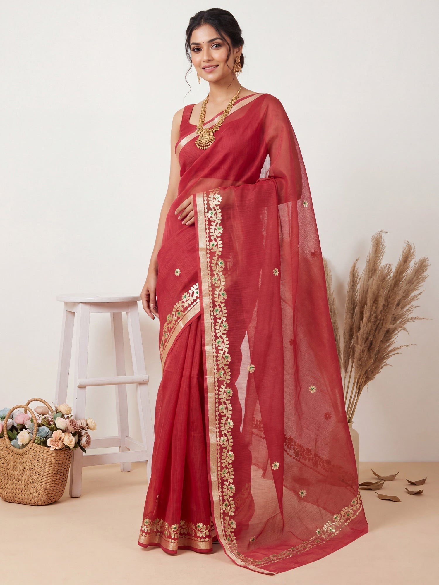 Crimson Red Kota Doria Cotton Saree with Gota Patti Border - Ressa