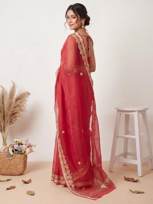 Crimson Red Kota Doria Cotton Saree with Gota Patti Border - Ressa