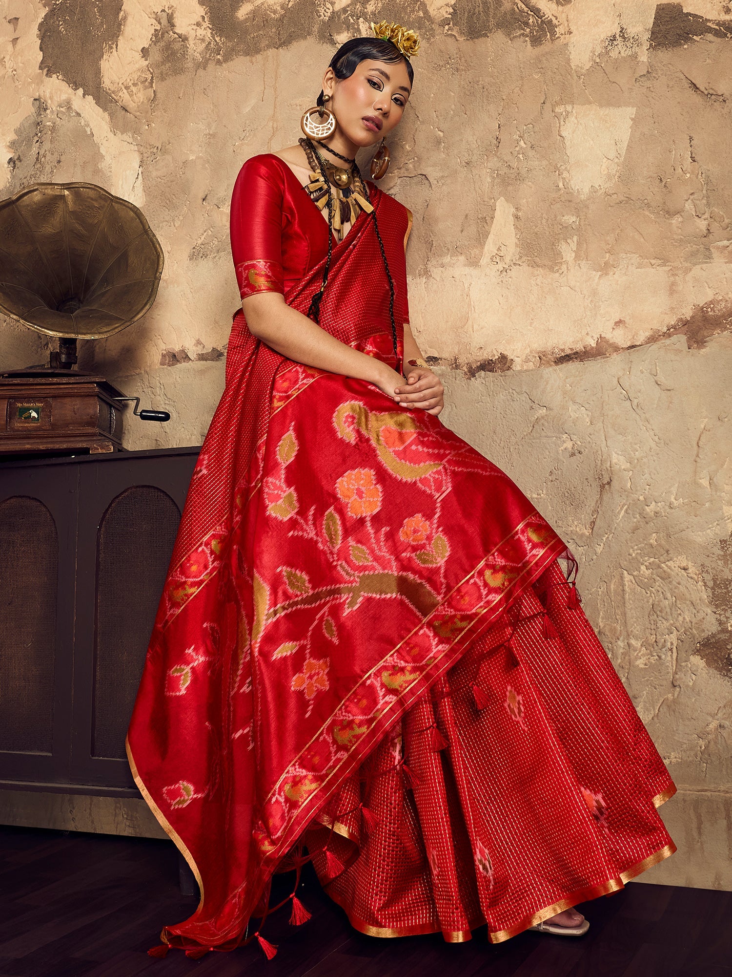 Crimson Red Patola Print Silk Saree with Zari Self-Check Work - Ressa