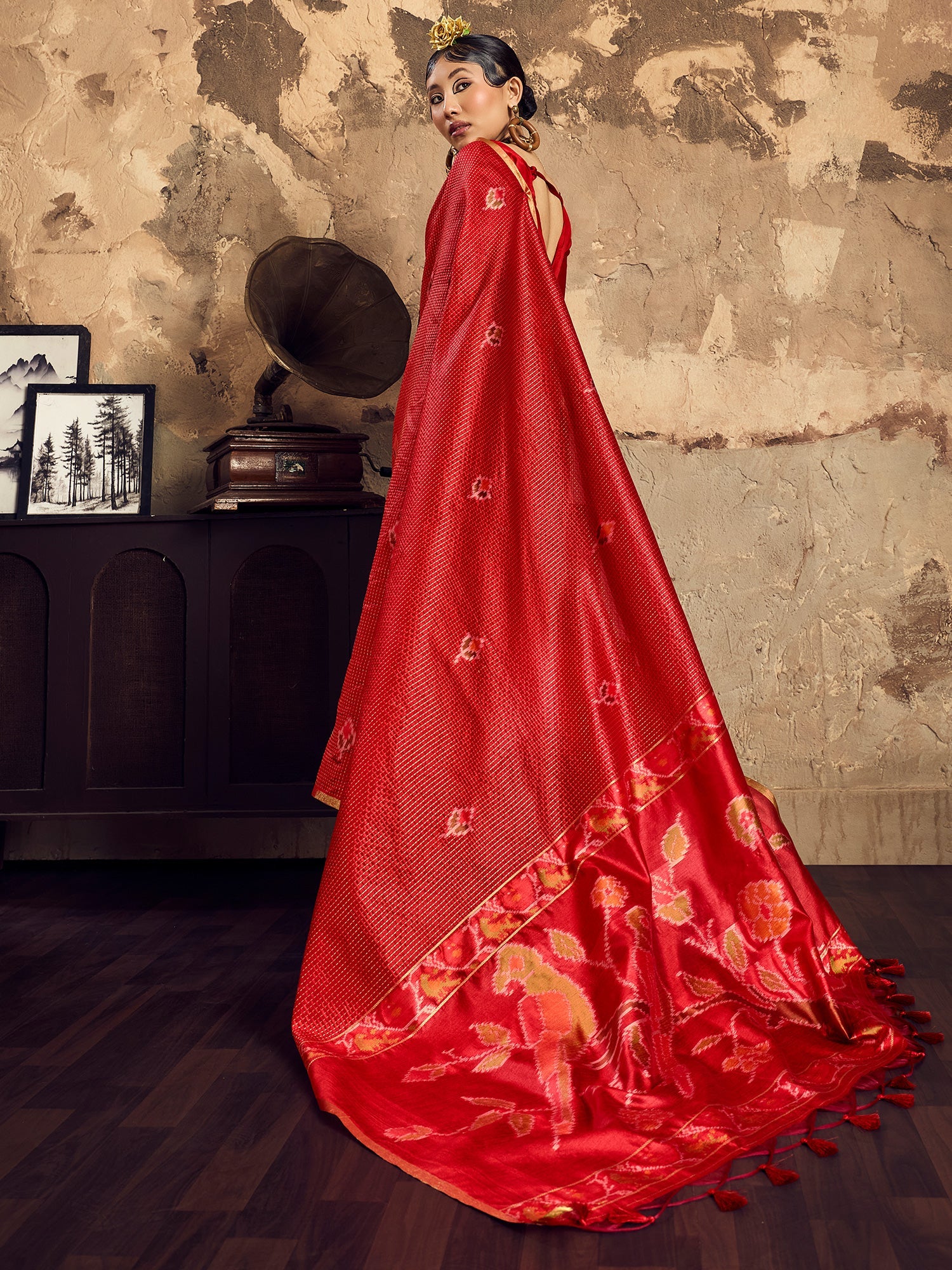 Crimson Red Patola Print Silk Saree with Zari Self-Check Work - Ressa
