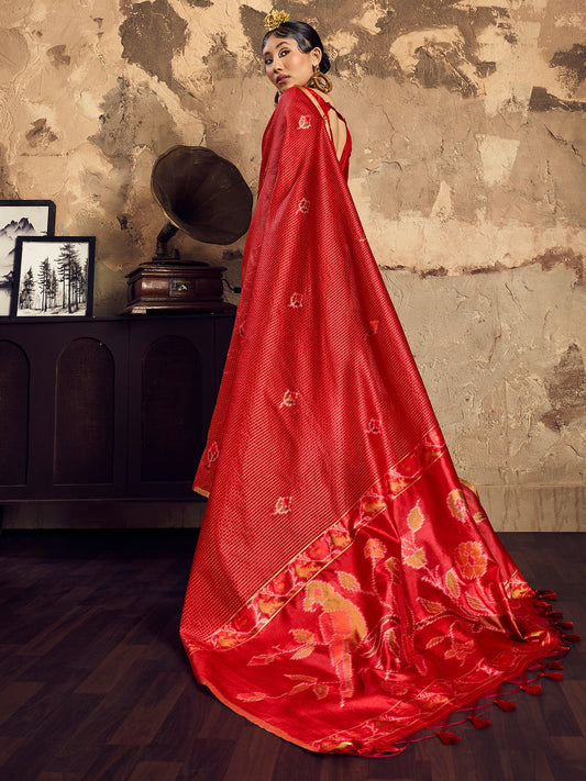 Crimson Red Patola Print Silk Saree with Zari Self-Check Work - Ressa