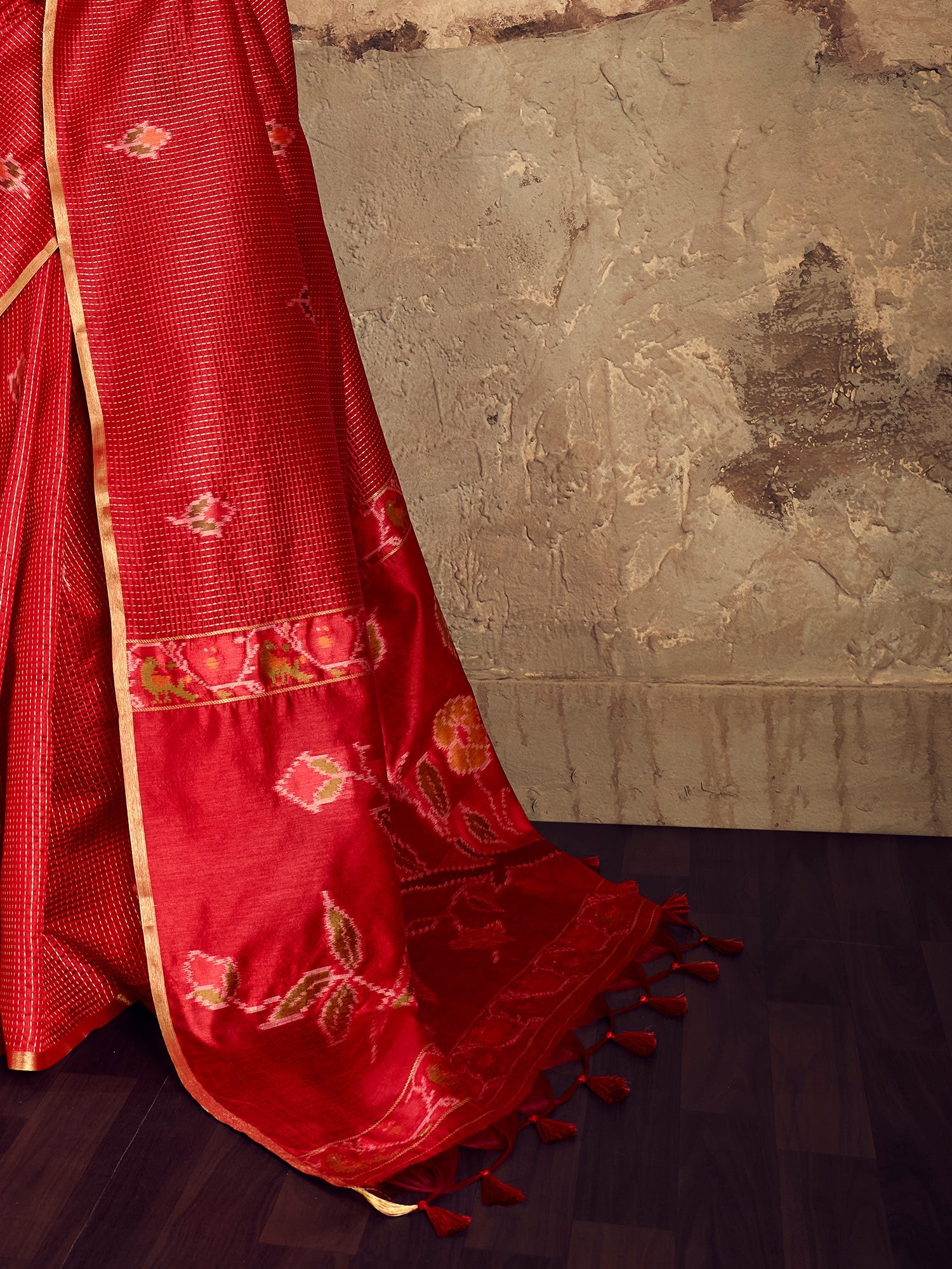 Crimson Red Patola Print Silk Saree with Zari Self-Check Work - Ressa