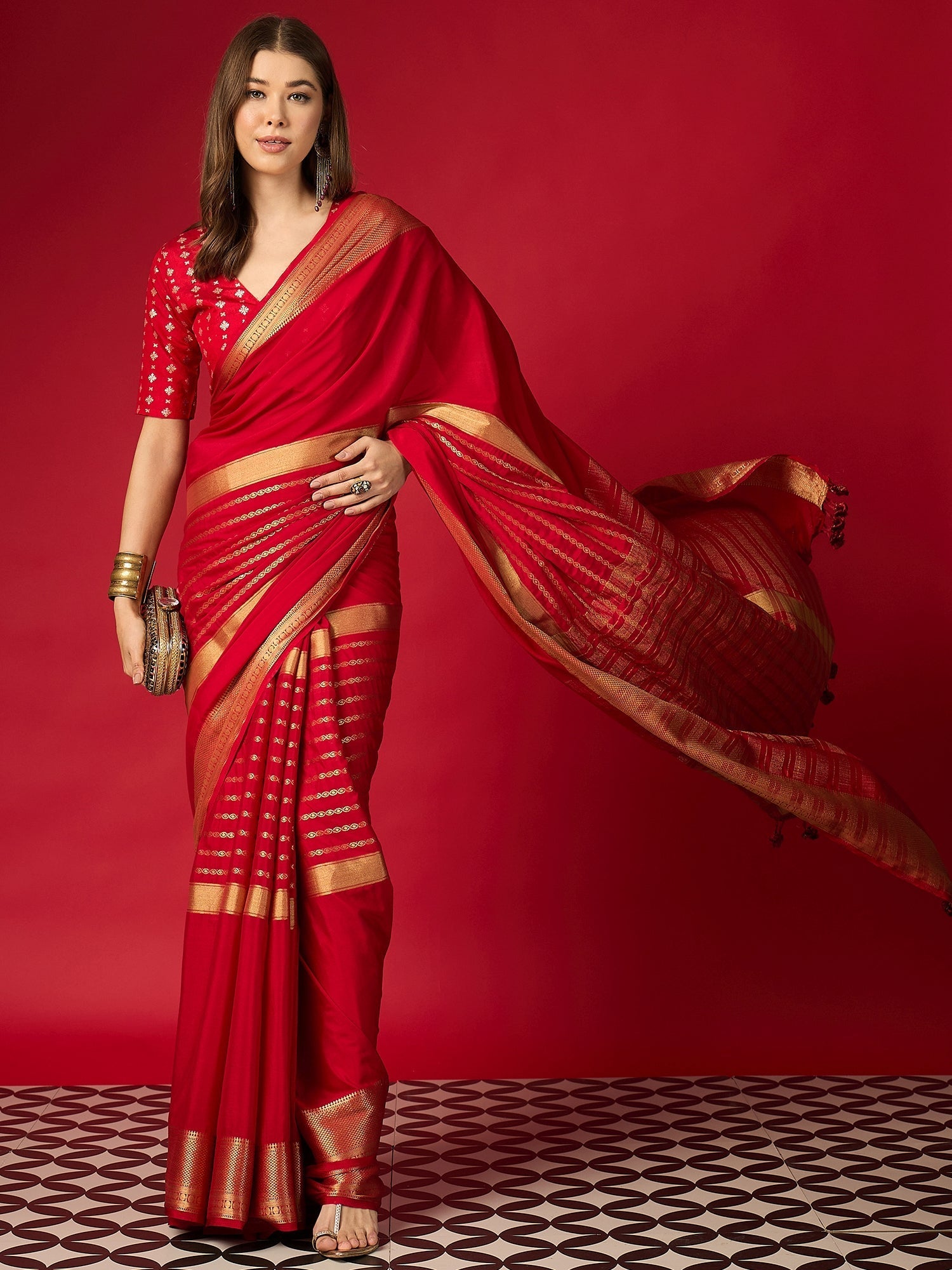 Crimson Red Silk Saree with Gold Zari Border & Embroidered Blouse - Ressa