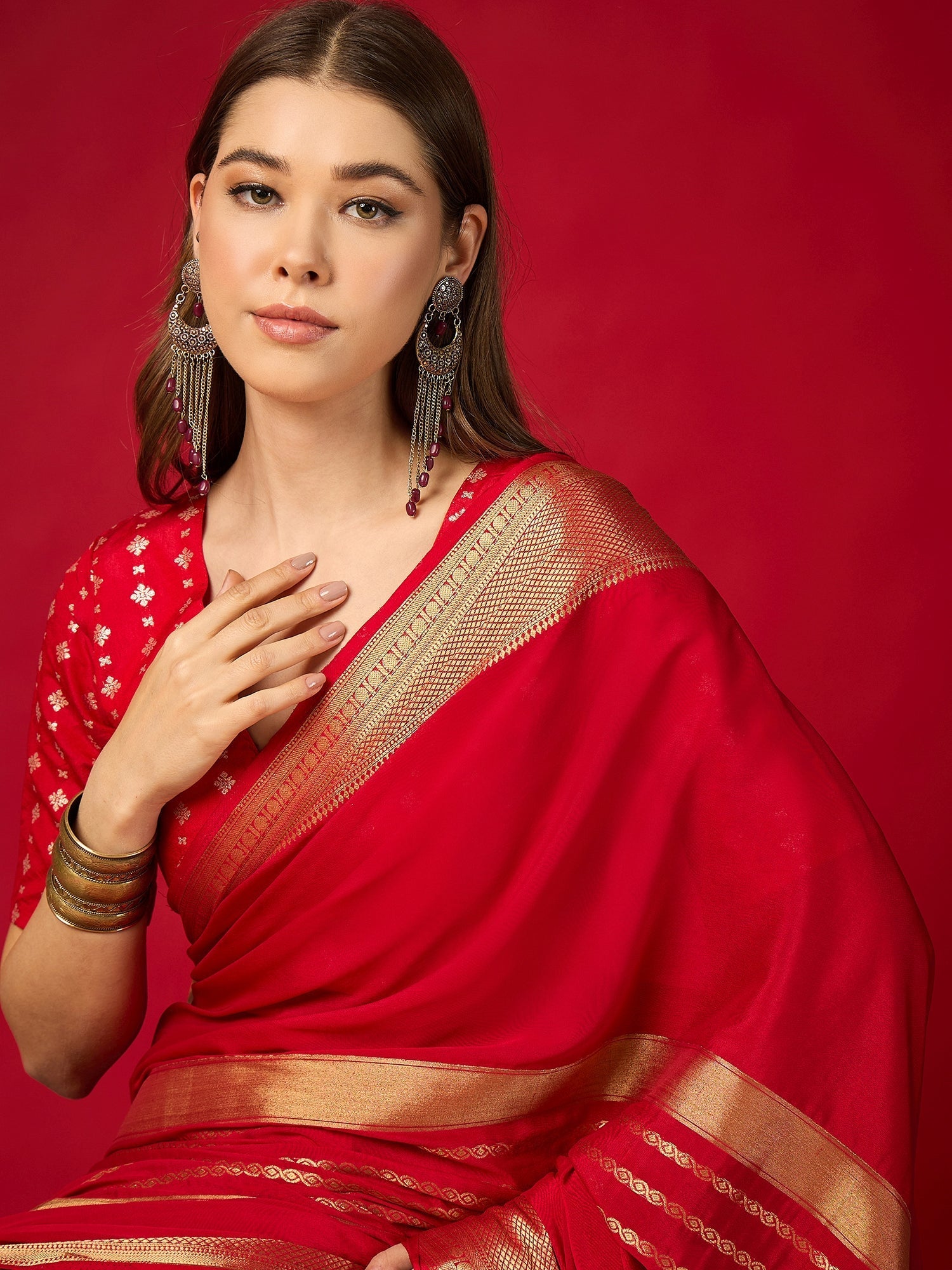 Crimson Red Silk Saree with Gold Zari Border & Embroidered Blouse - Ressa