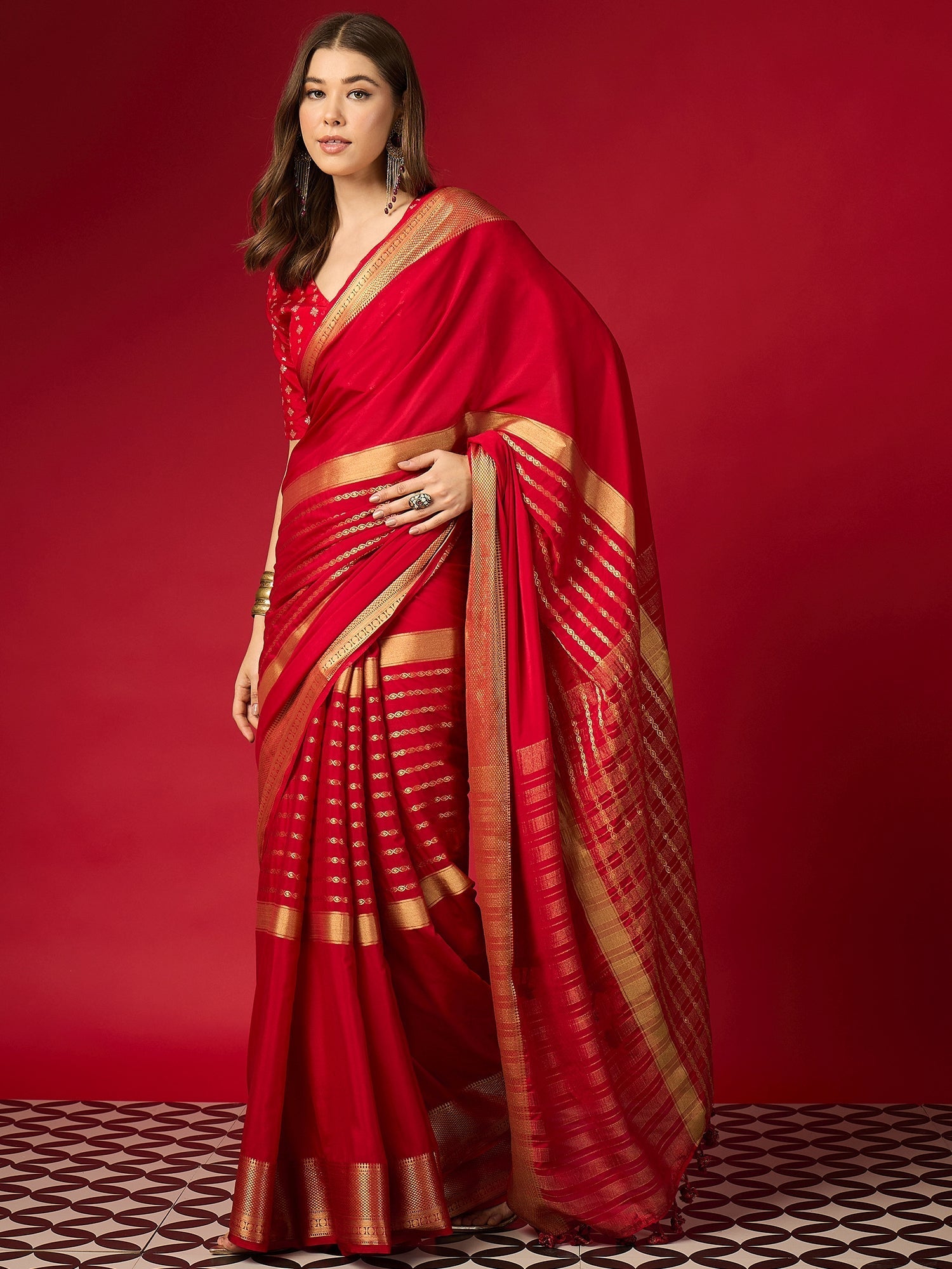 Crimson Red Silk Saree with Gold Zari Border & Embroidered Blouse - Ressa