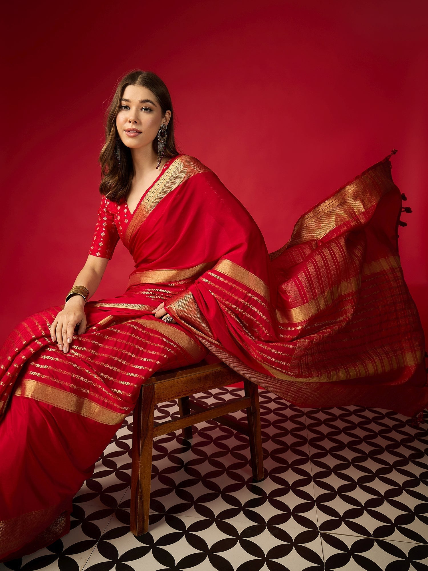 Crimson Red Silk Saree with Gold Zari Border & Embroidered Blouse - Ressa