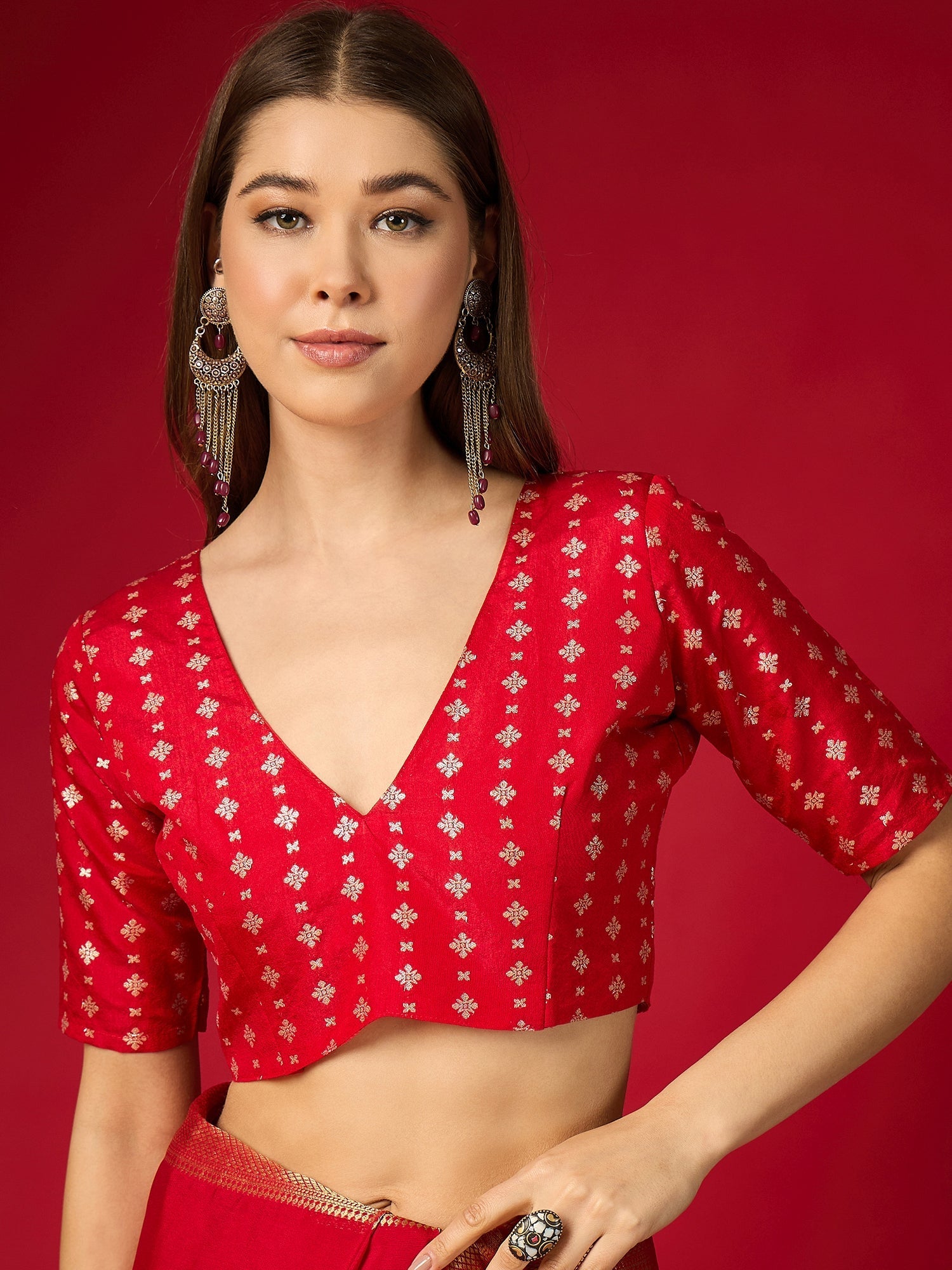 Crimson Red Silk Saree with Gold Zari Border & Embroidered Blouse - Ressa