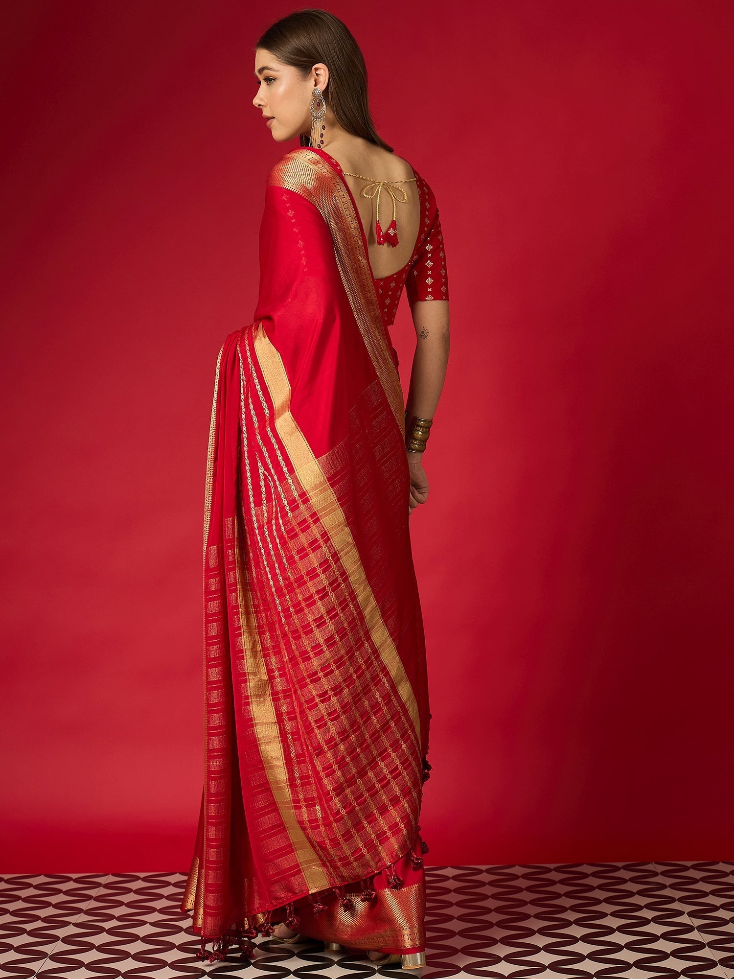 Crimson Red Silk Saree with Gold Zari Border & Embroidered Blouse - Ressa