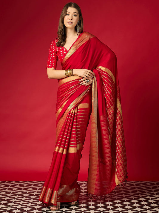 Crimson Red Silk Saree with Gold Zari Border & Embroidered Blouse - Ressa
