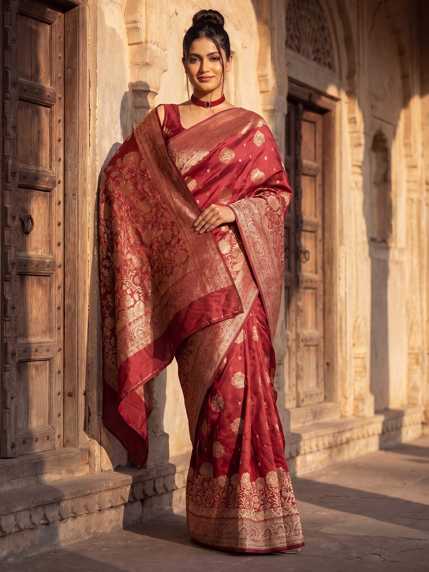 Crimson Red wine Banarasi Silk Saree - Ressa
