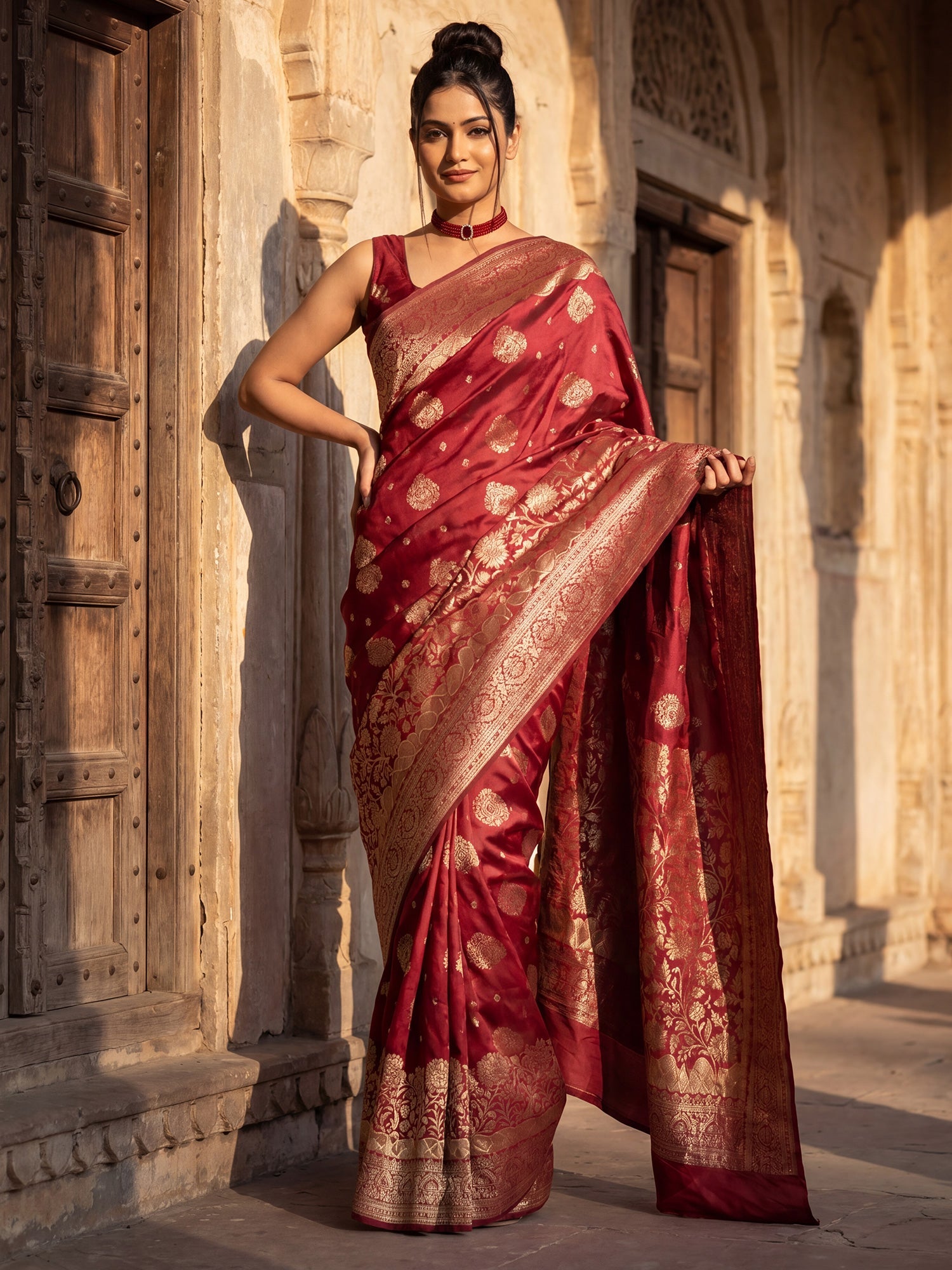 Crimson Red wine Banarasi Silk Saree - Ressa