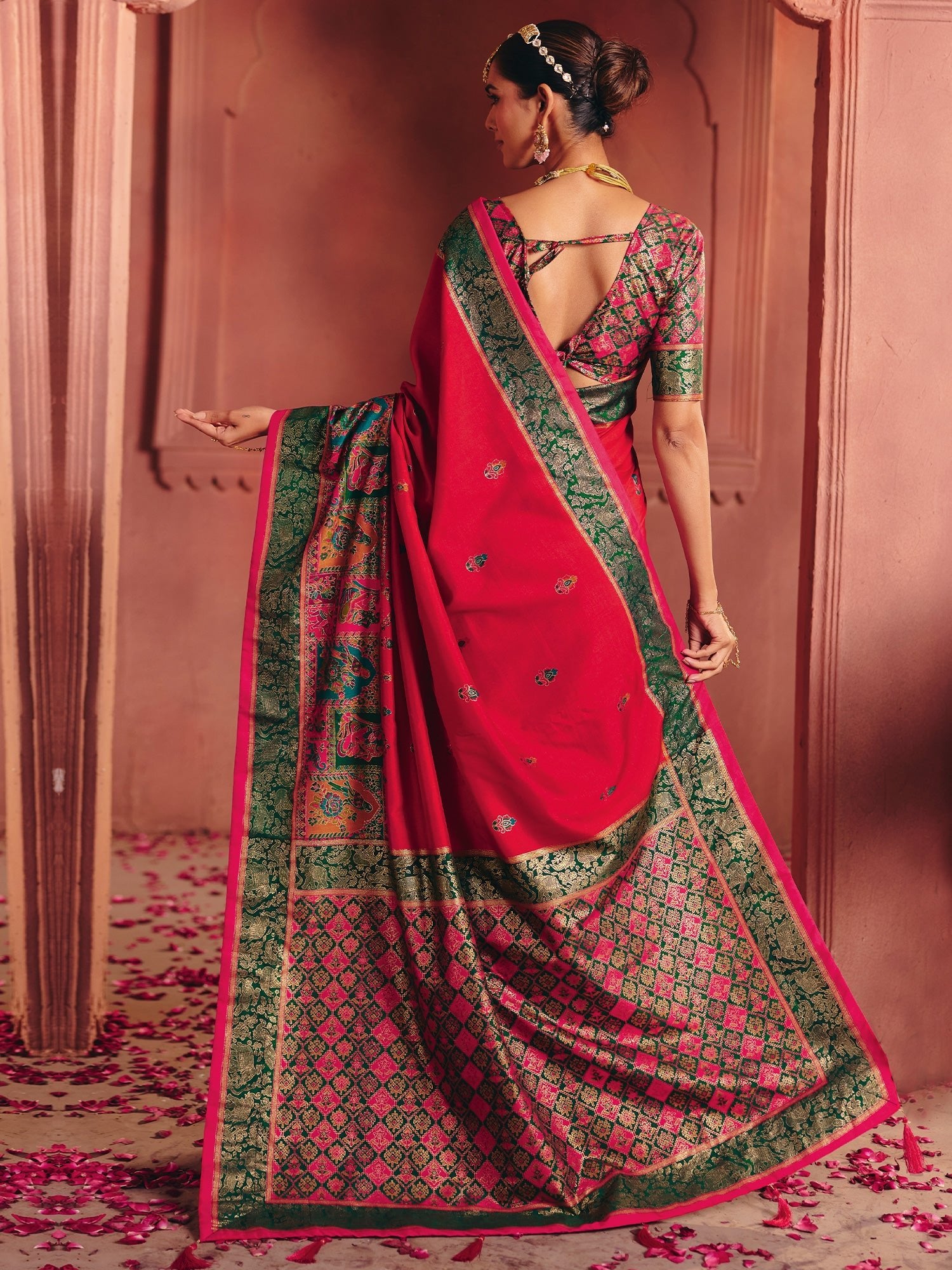 Crimson Silk Banarasi Saree with Meenakari Pallu & Brocade Blouse - Ressa