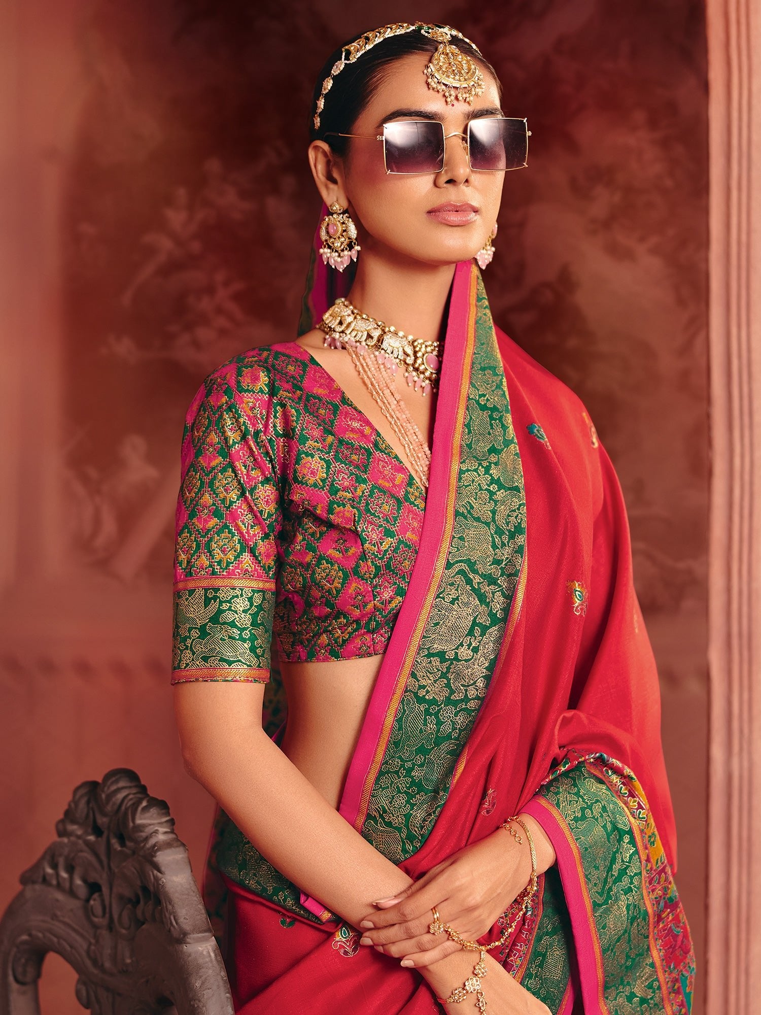 Crimson Silk Banarasi Saree with Meenakari Pallu & Brocade Blouse - Ressa