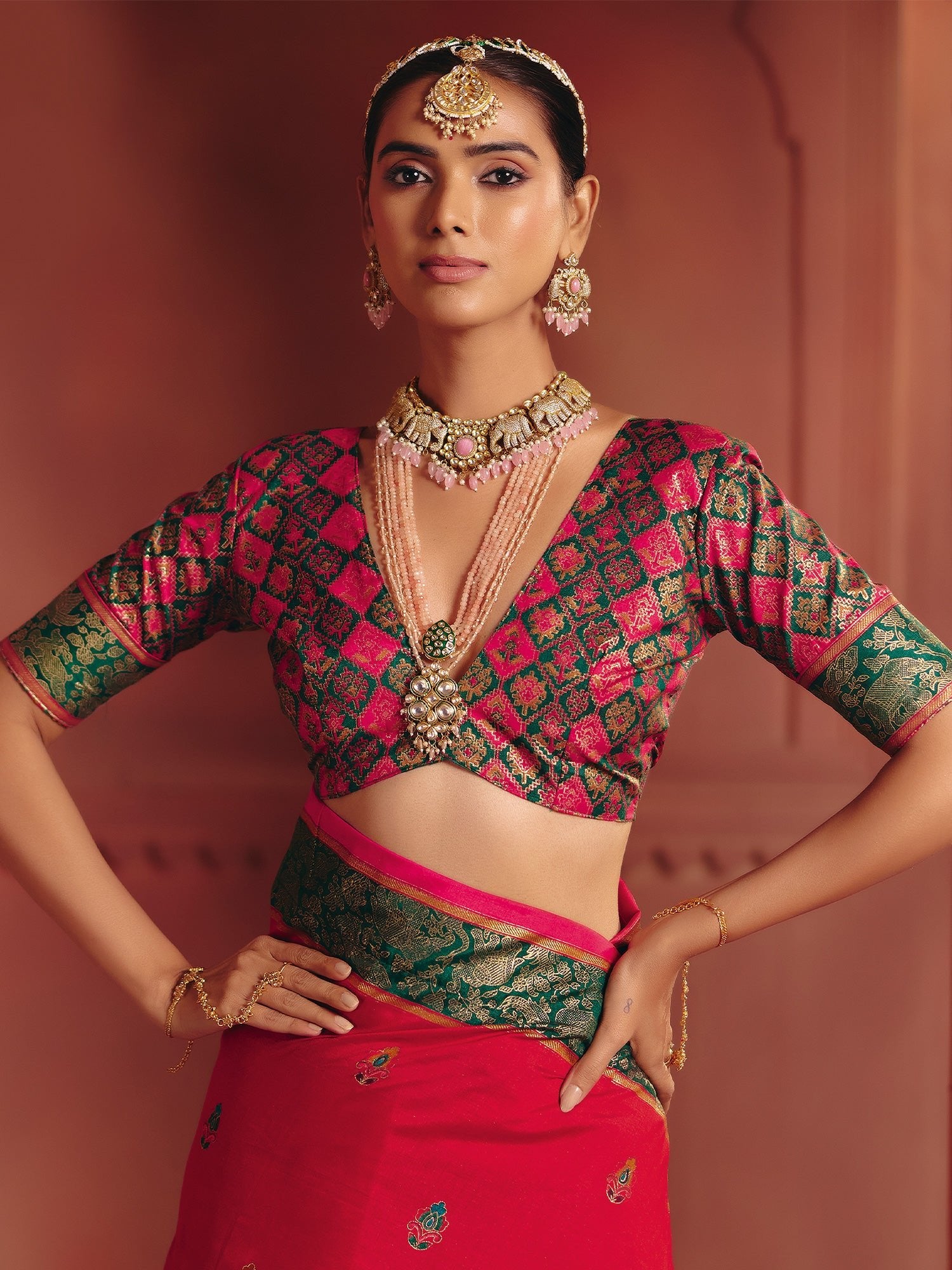 Crimson Silk Banarasi Saree with Meenakari Pallu & Brocade Blouse - Ressa