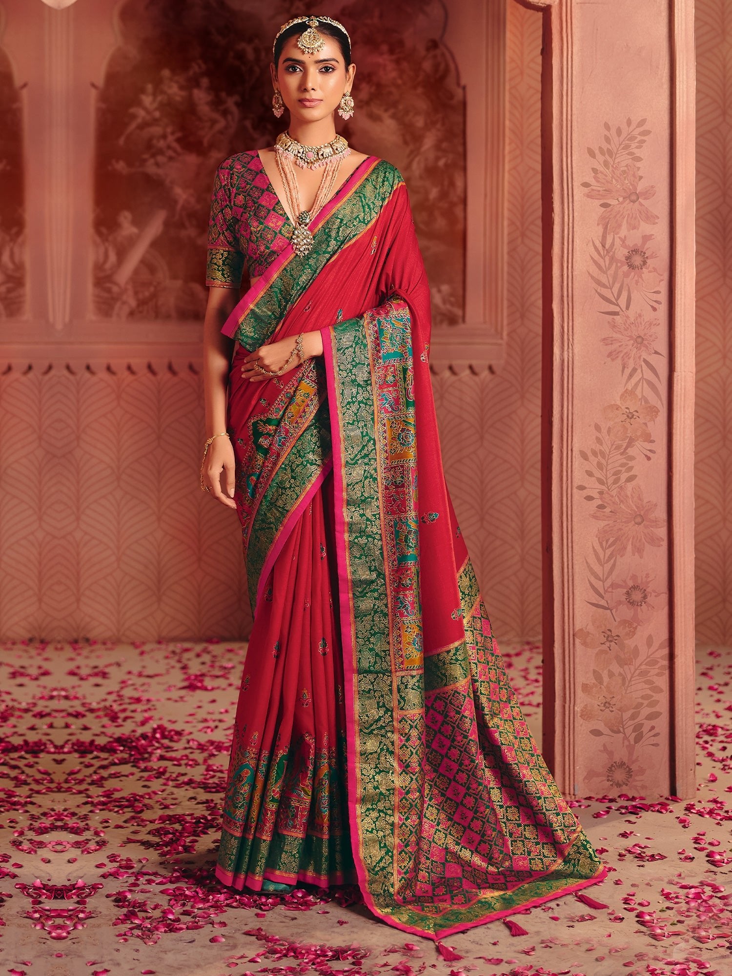 Crimson Silk Banarasi Saree with Meenakari Pallu & Brocade Blouse - Ressa