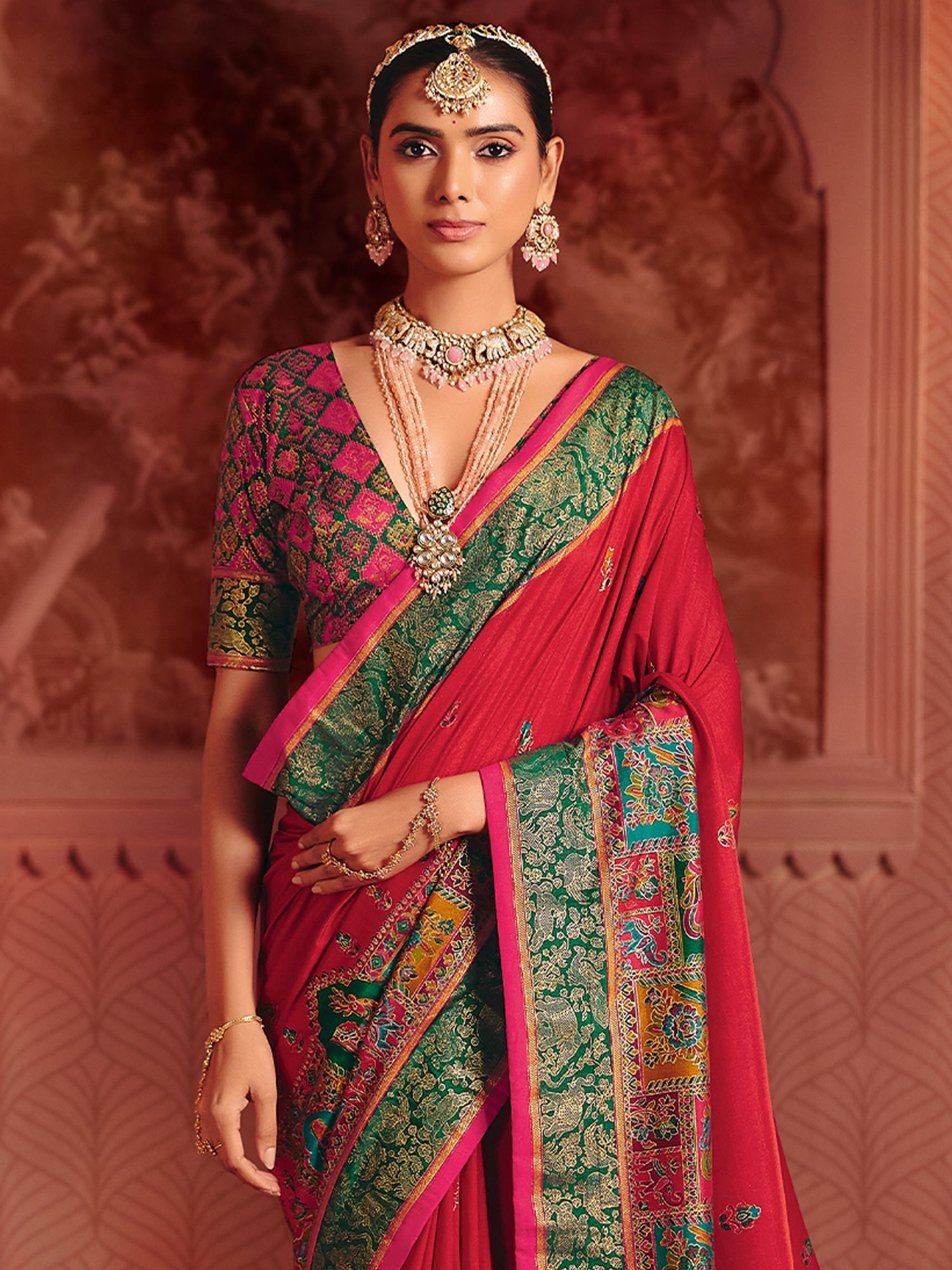 Crimson Silk Banarasi Saree with Meenakari Pallu & Brocade Blouse - Ressa