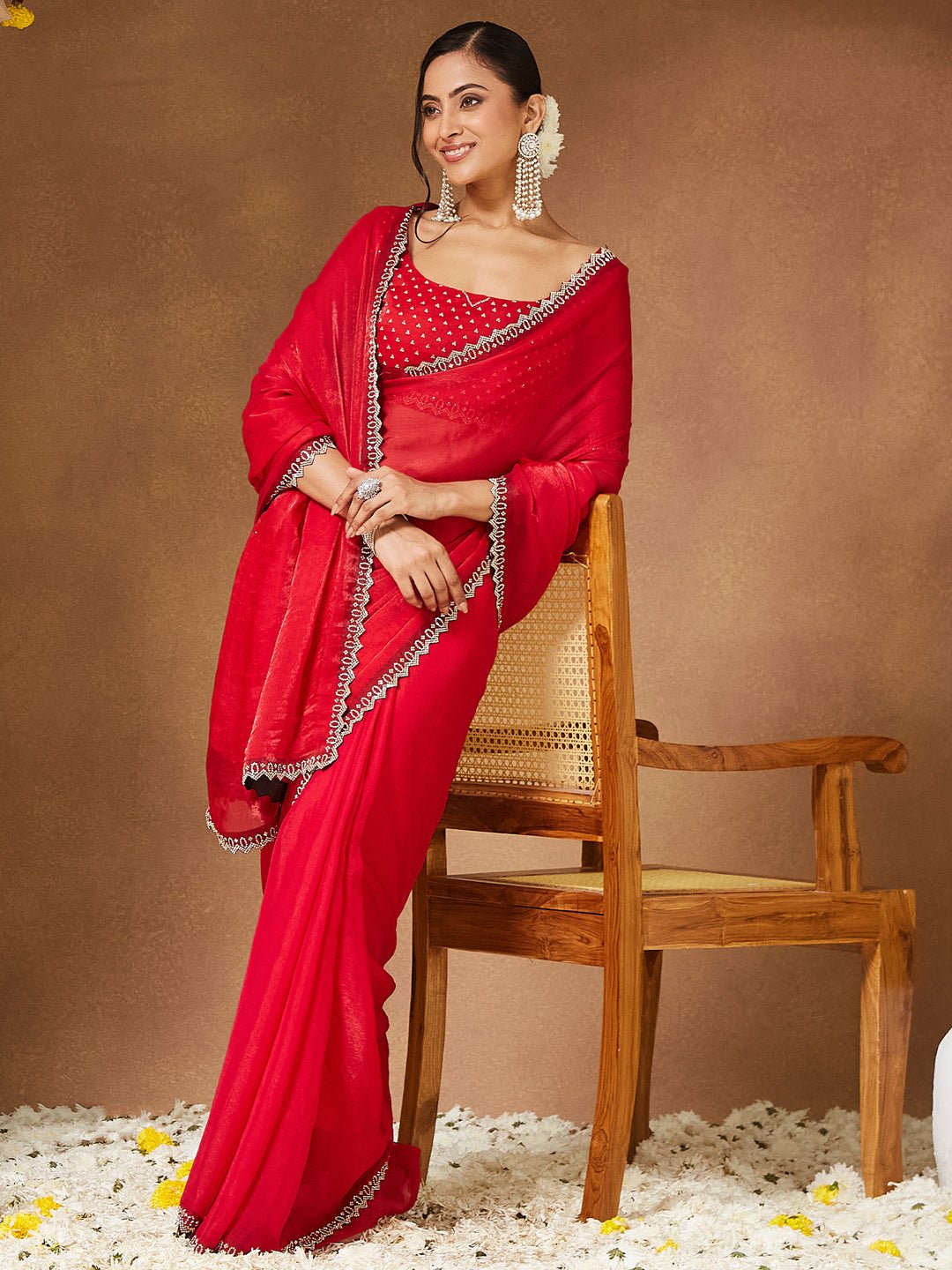 Crimson Silk Organza Saree with Gold Border & Embroidered Blouse - Ressa