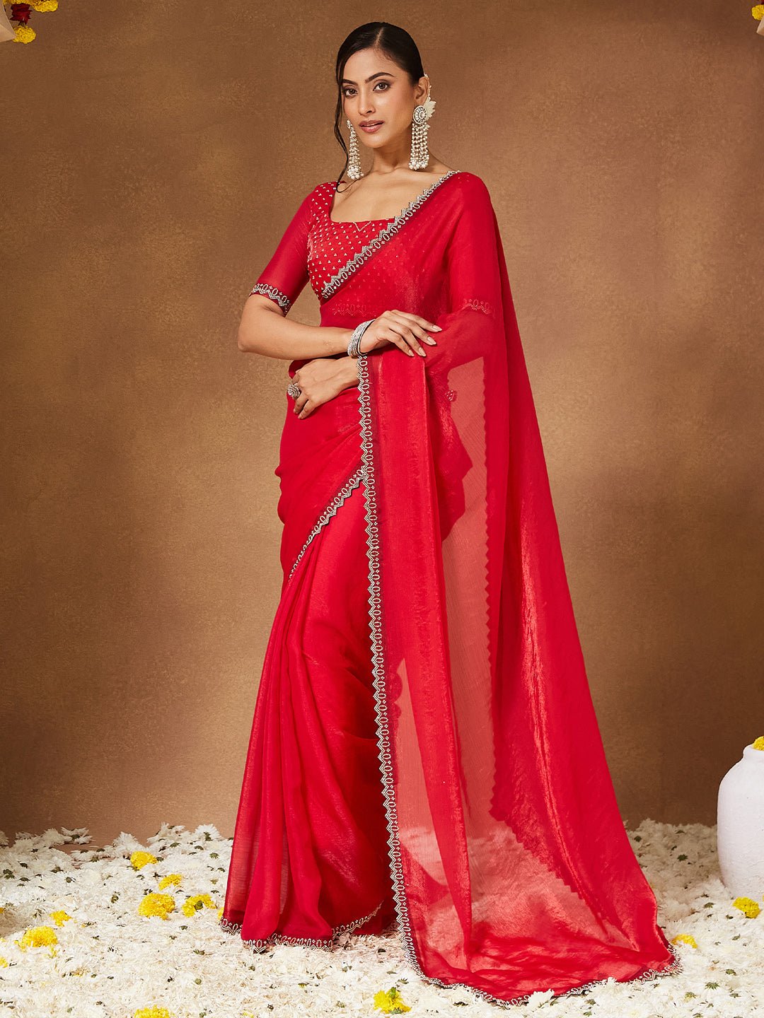Crimson Silk Organza Saree with Gold Border & Embroidered Blouse - Ressa