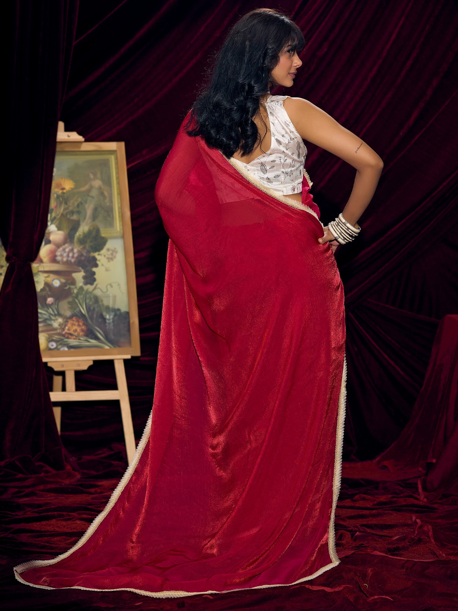Crimson Silk Saree with Bird & Floral Embroidered Blouse - Ressa