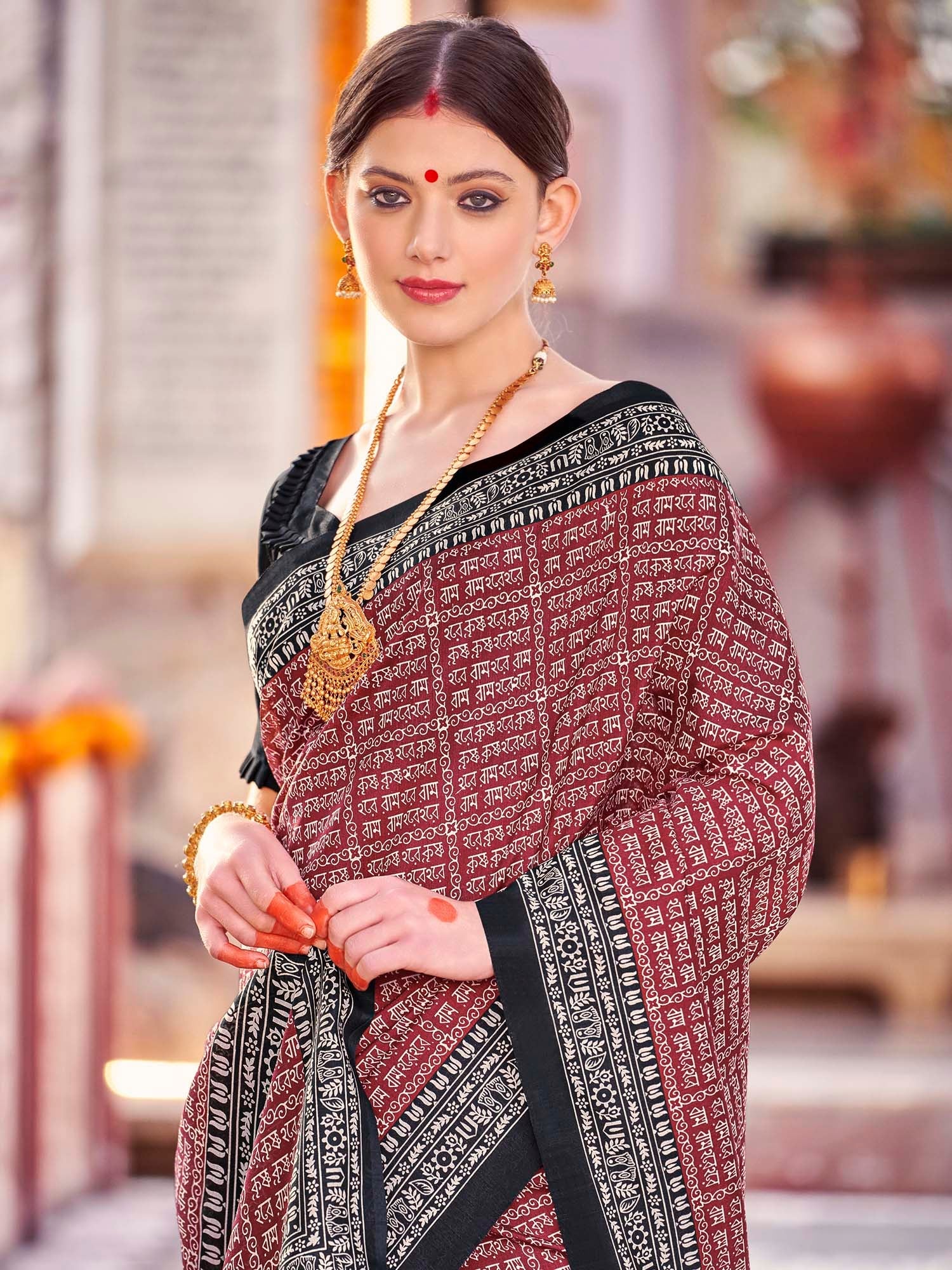 Crimson Silk Saree with Black Satin Border - Ressa