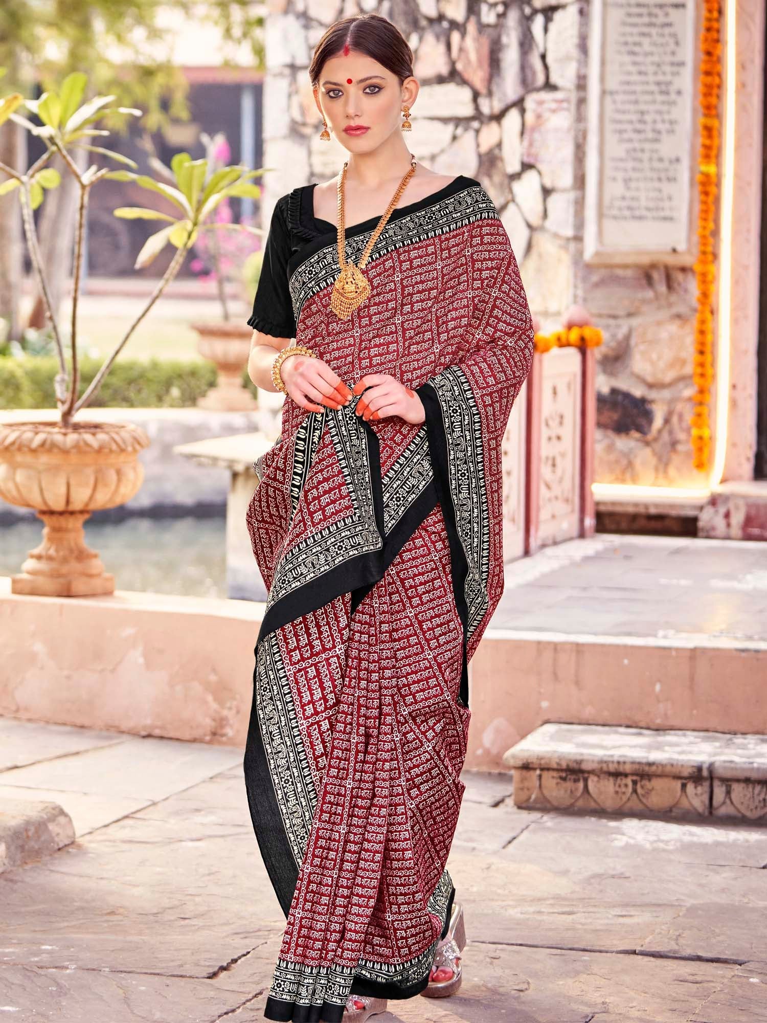 Crimson Silk Saree with Black Satin Border - Ressa