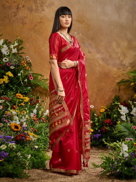 Crimson Silk Saree with Elephant Motif Border - Ressa