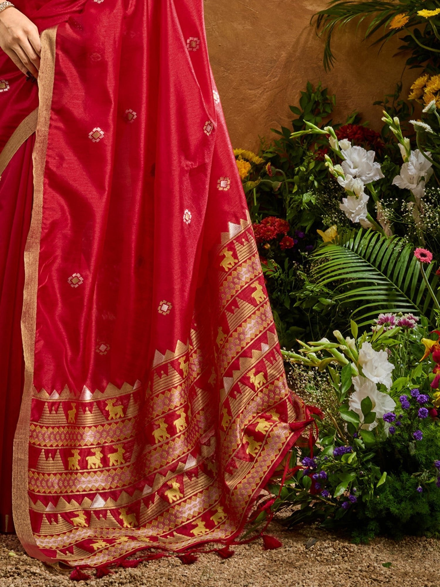Crimson Silk Saree with Elephant Motif Border - Ressa