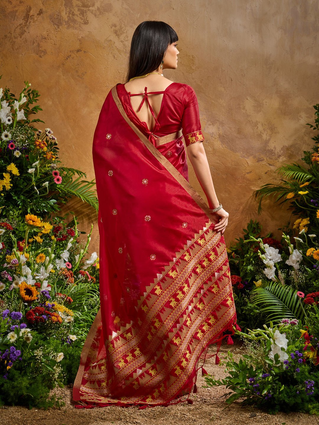 Crimson Silk Saree with Elephant Motif Border - Ressa