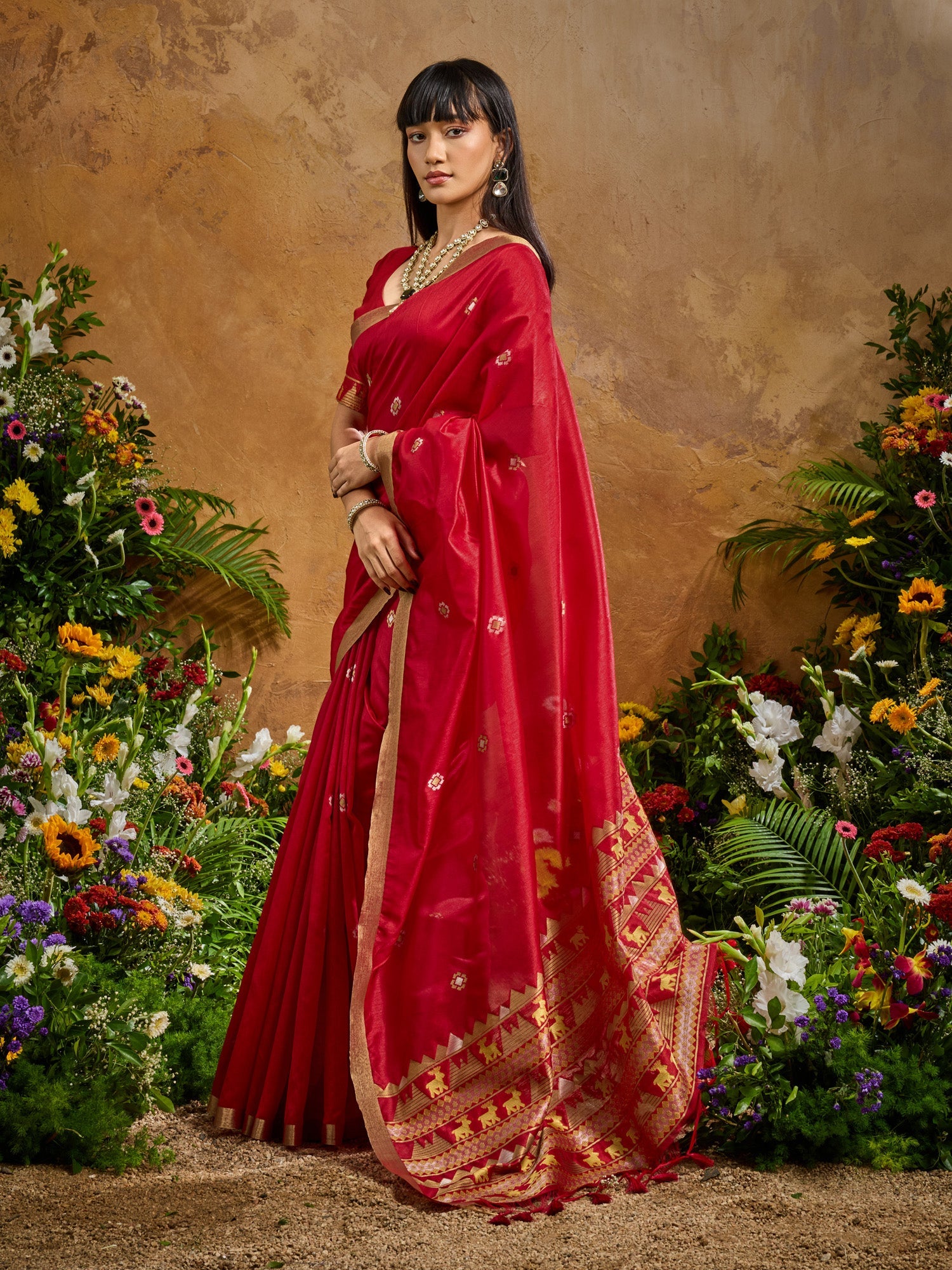 Crimson Silk Saree with Elephant Motif Border - Ressa