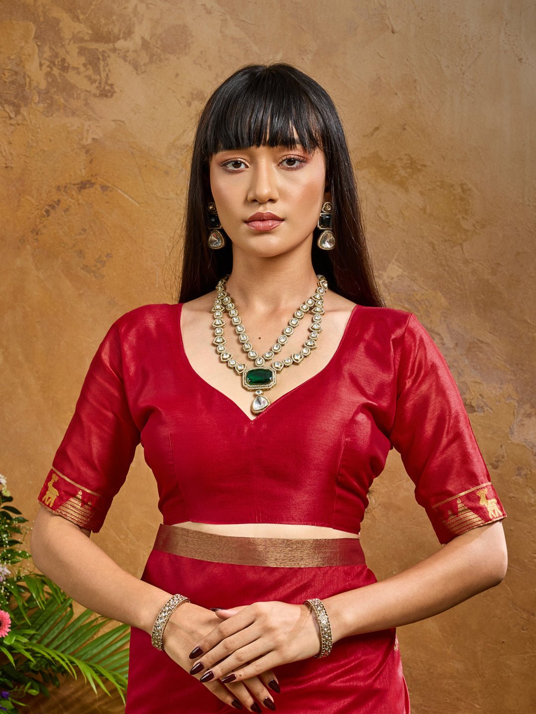 Crimson Silk Saree with Elephant Motif Border - Ressa