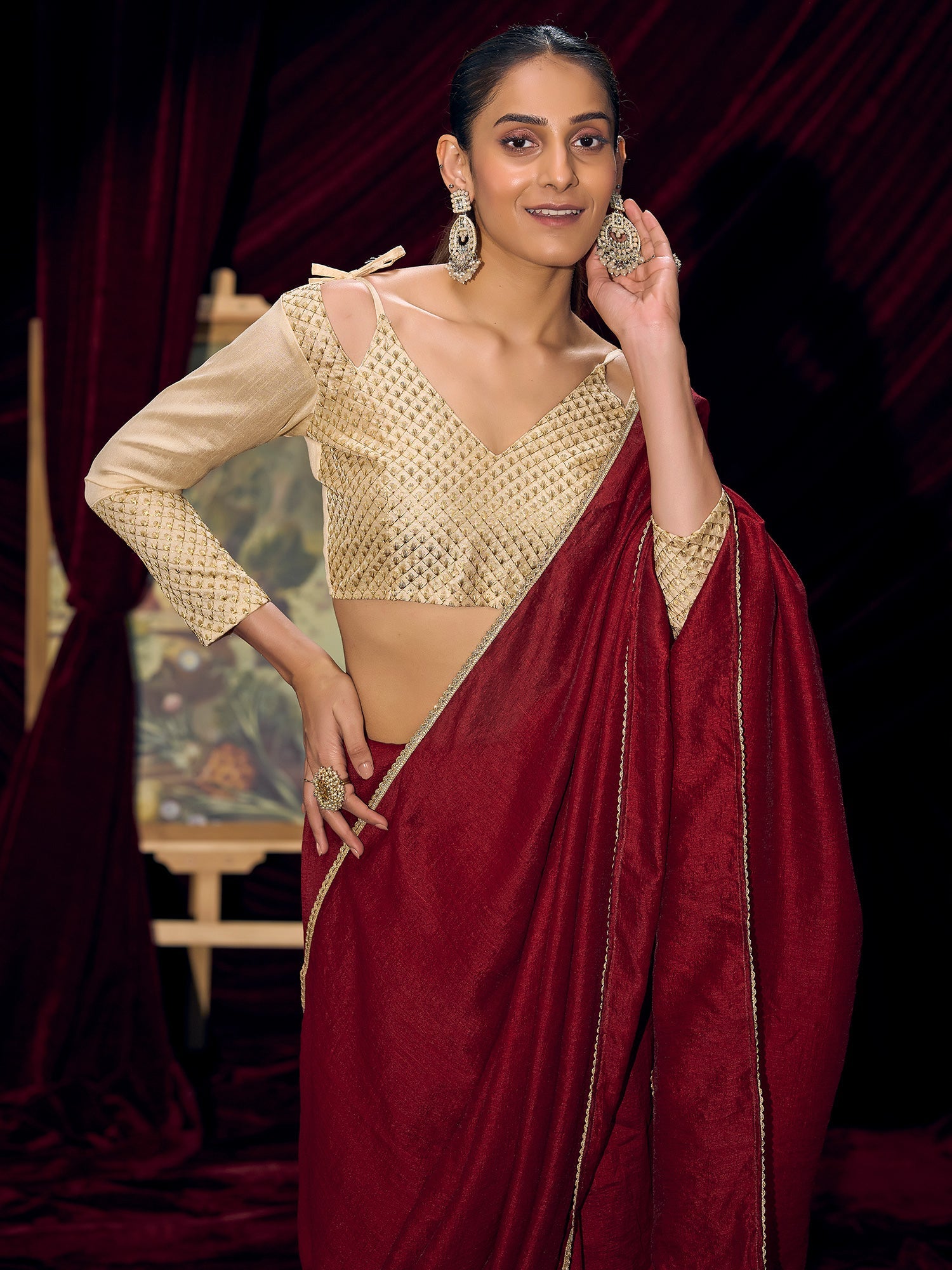 Crimson Silk Saree with Gold Lace Border & Embroidered Blouse - Ressa