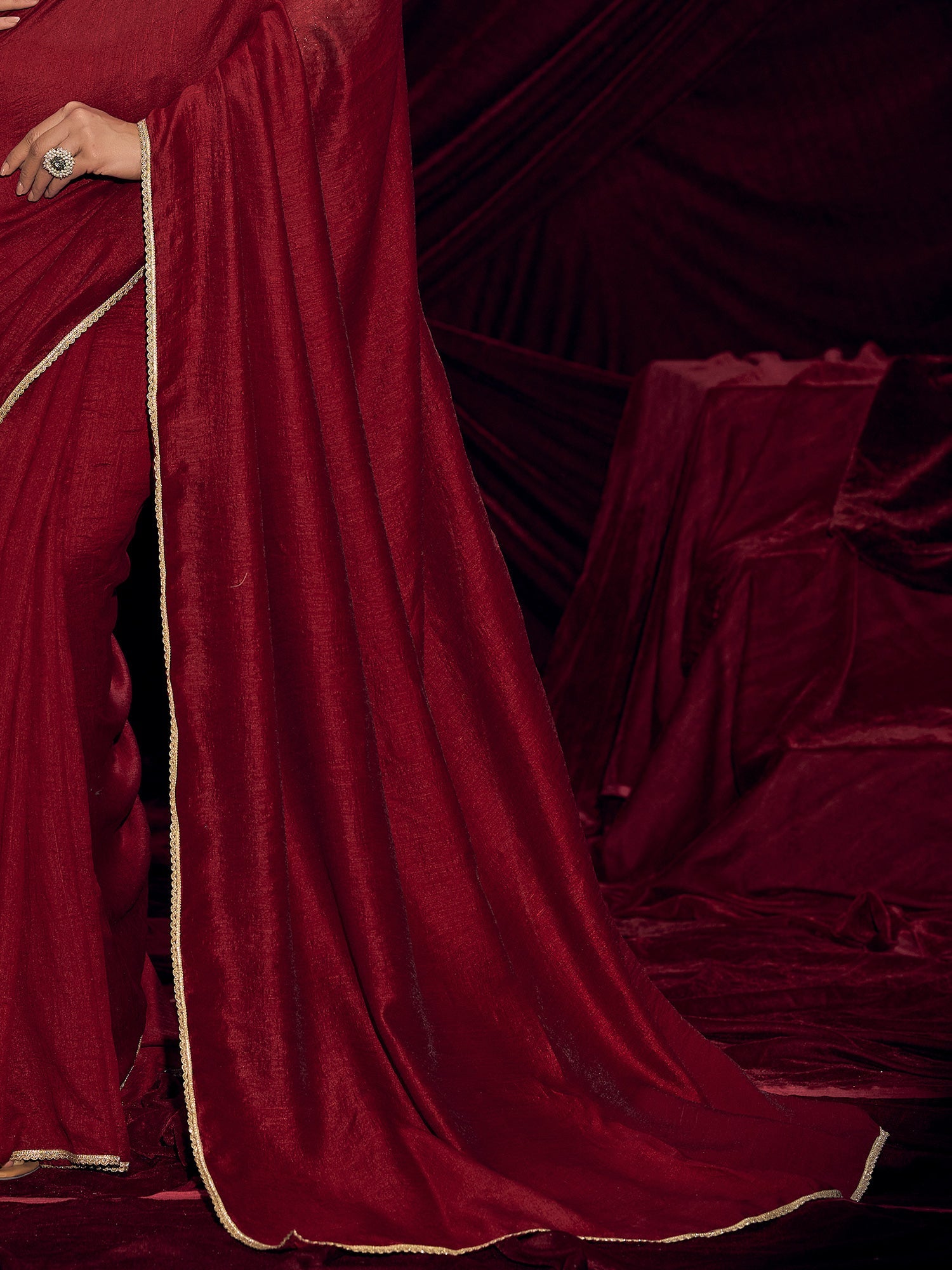 Crimson Silk Saree with Gold Lace Border & Embroidered Blouse - Ressa