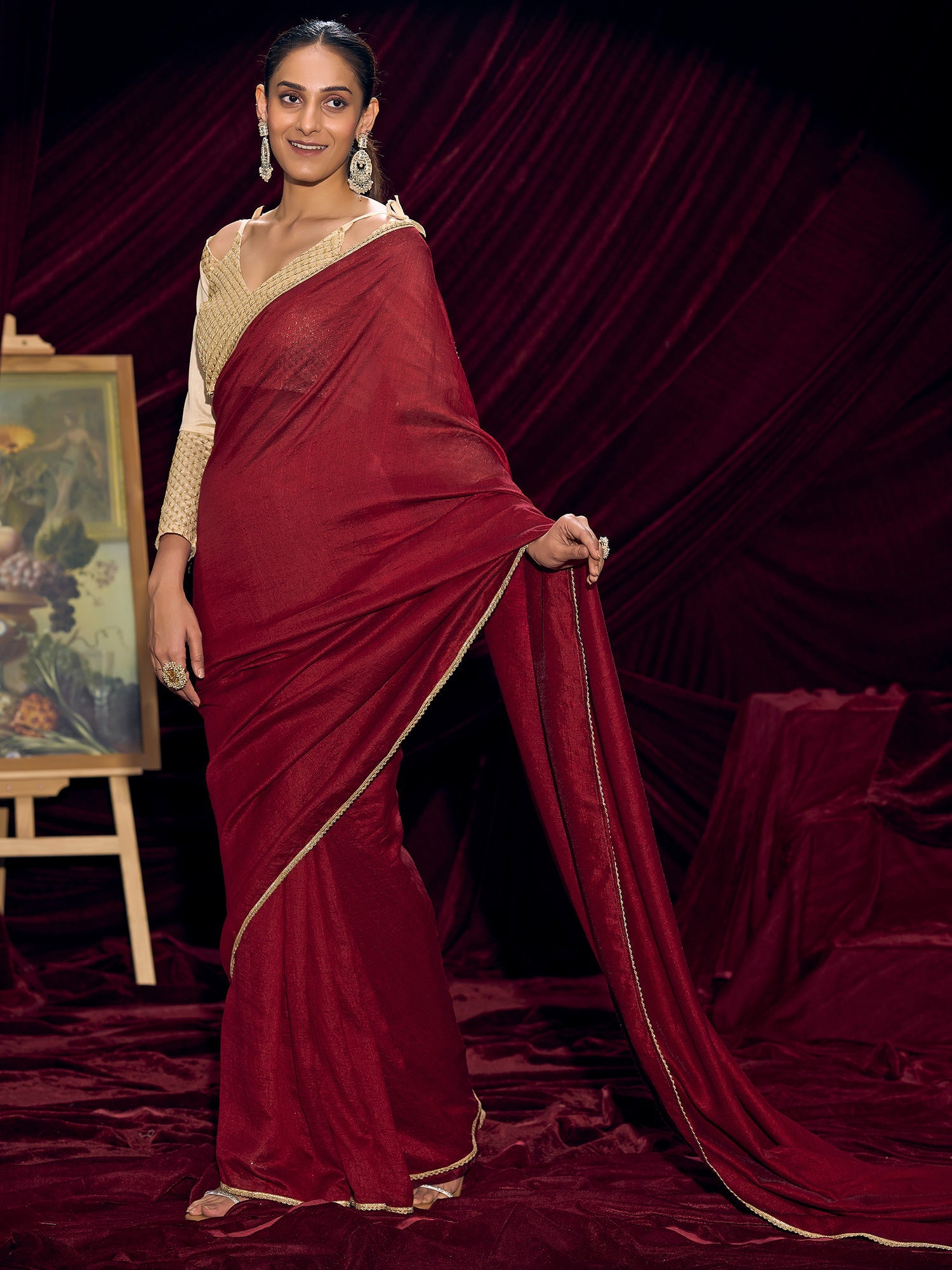 Crimson Silk Saree with Gold Lace Border & Embroidered Blouse - Ressa
