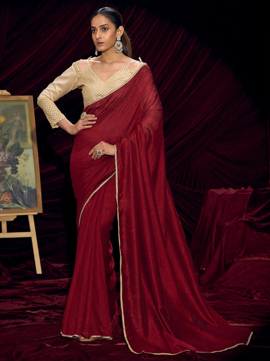 Crimson Silk Saree with Gold Lace Border & Embroidered Blouse - Ressa