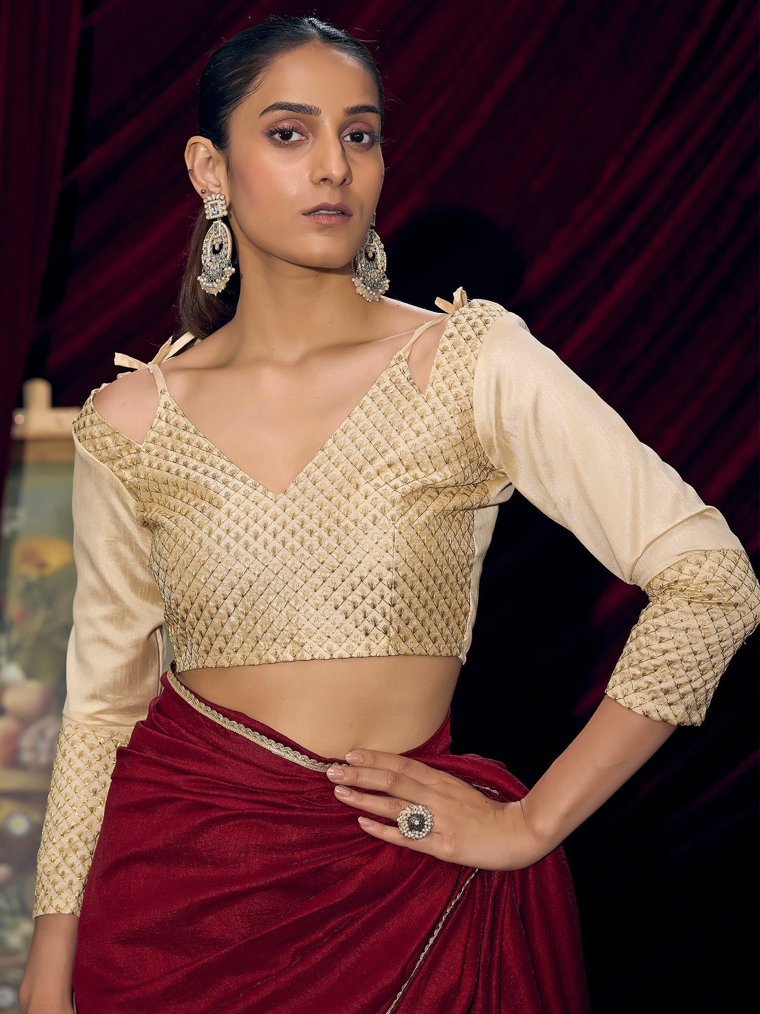 Crimson Silk Saree with Gold Lace Border & Embroidered Blouse - Ressa