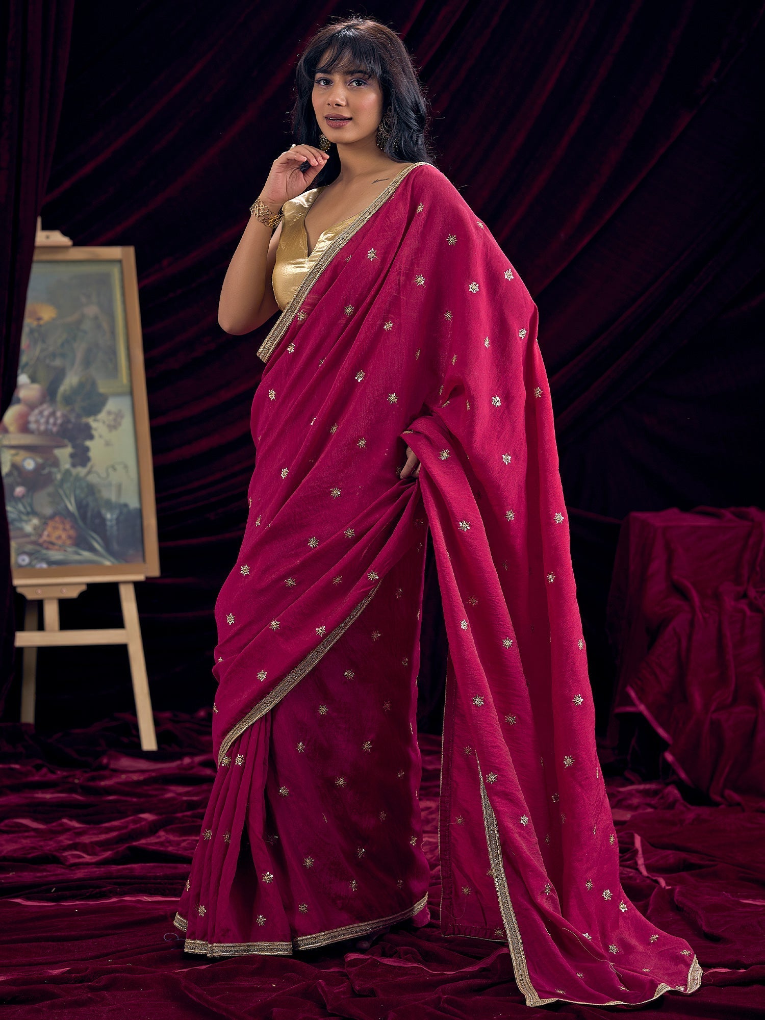 Crimson Silk Saree with Gold Star Embroidery - Ressa